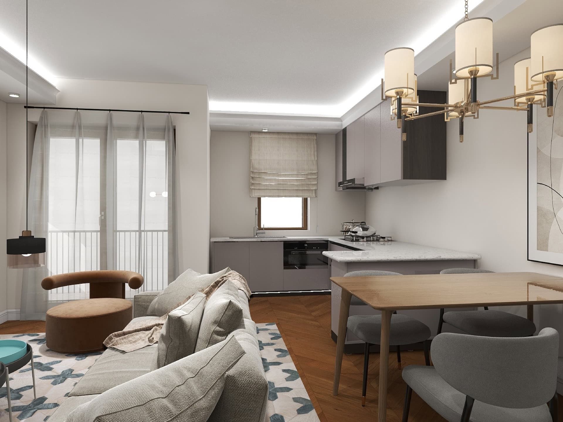 Modern living room with kitchen in the Risan residential complex, Montenegro: stylish furniture, herringbone parquet, and designer lighting.