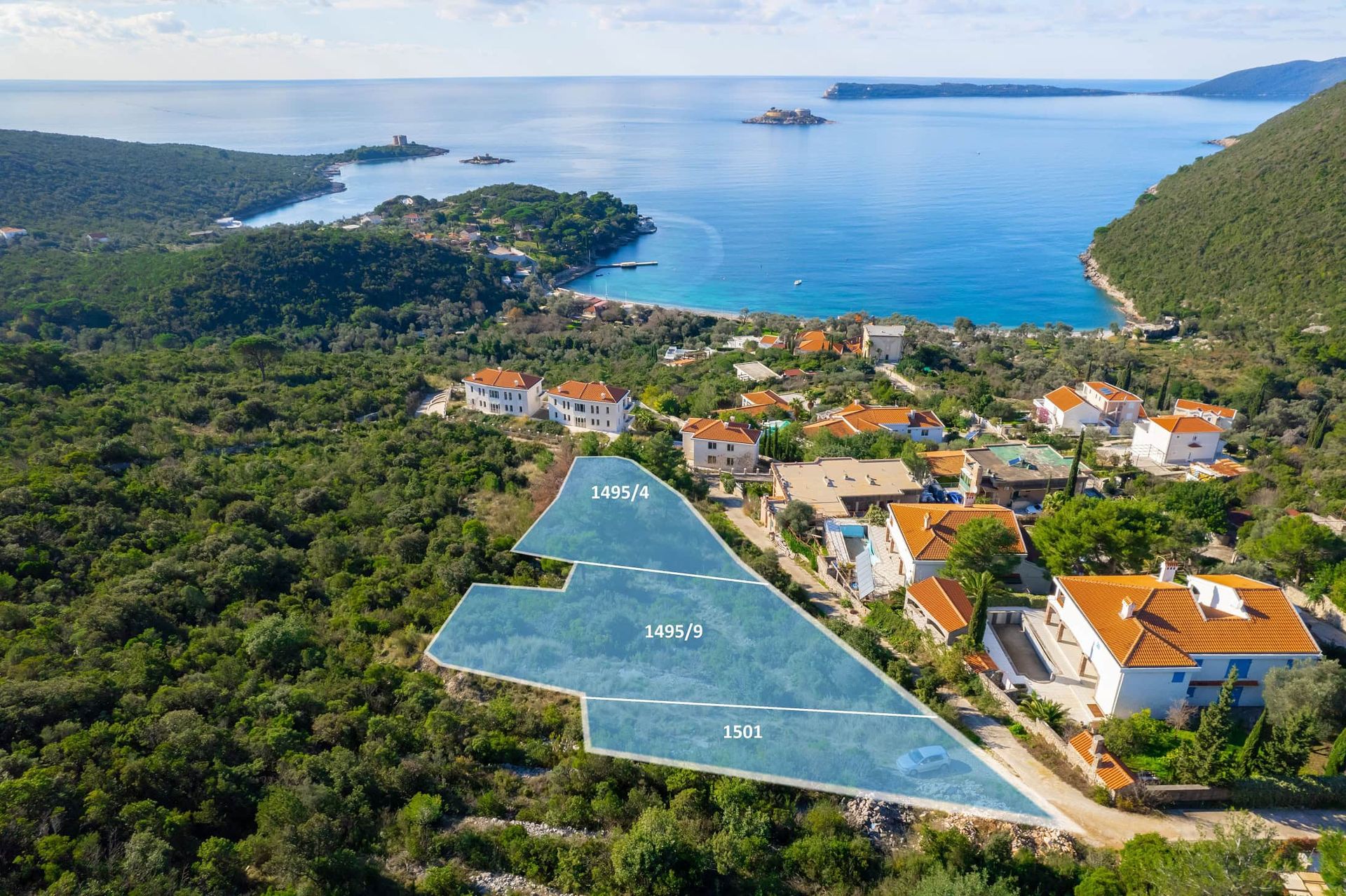 Building plot in Žanjice, Montenegro, with a panoramic view of the Adriatic Sea and Mamula Island.