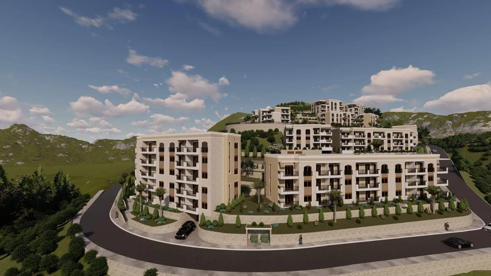 Architectural render of a multi-story residential complex on a hill with balconies and roads.