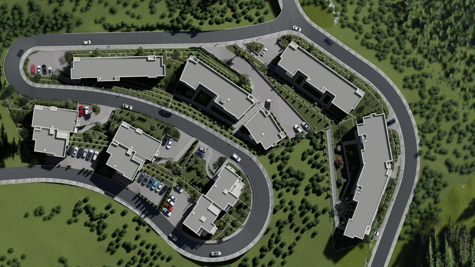 Top view of the master plan of a residential complex in Budva, Montenegro: modern buildings, parking areas, and landscaping.