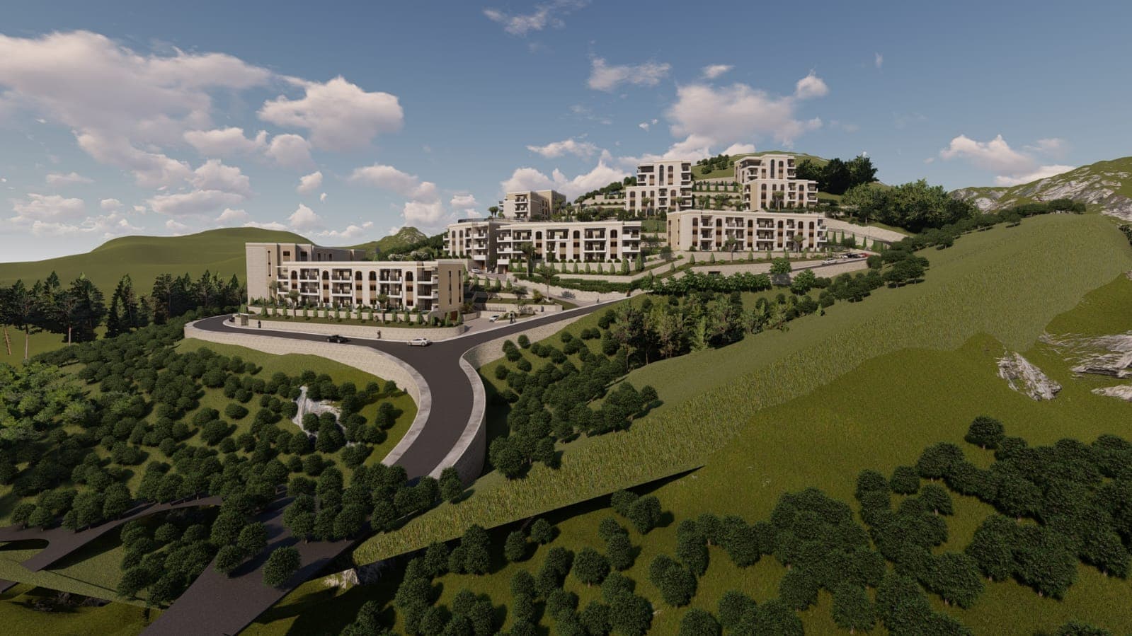 Visualization of a residential complex in the mountains of Budva, Montenegro: modern apartment buildings with terraces and landscaping.