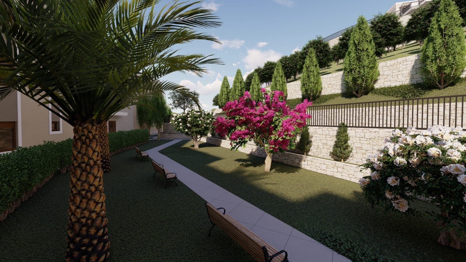 Landscaped grounds with palm trees and a blooming garden by a residential complex in Budva, Montenegro: pathways and benches.