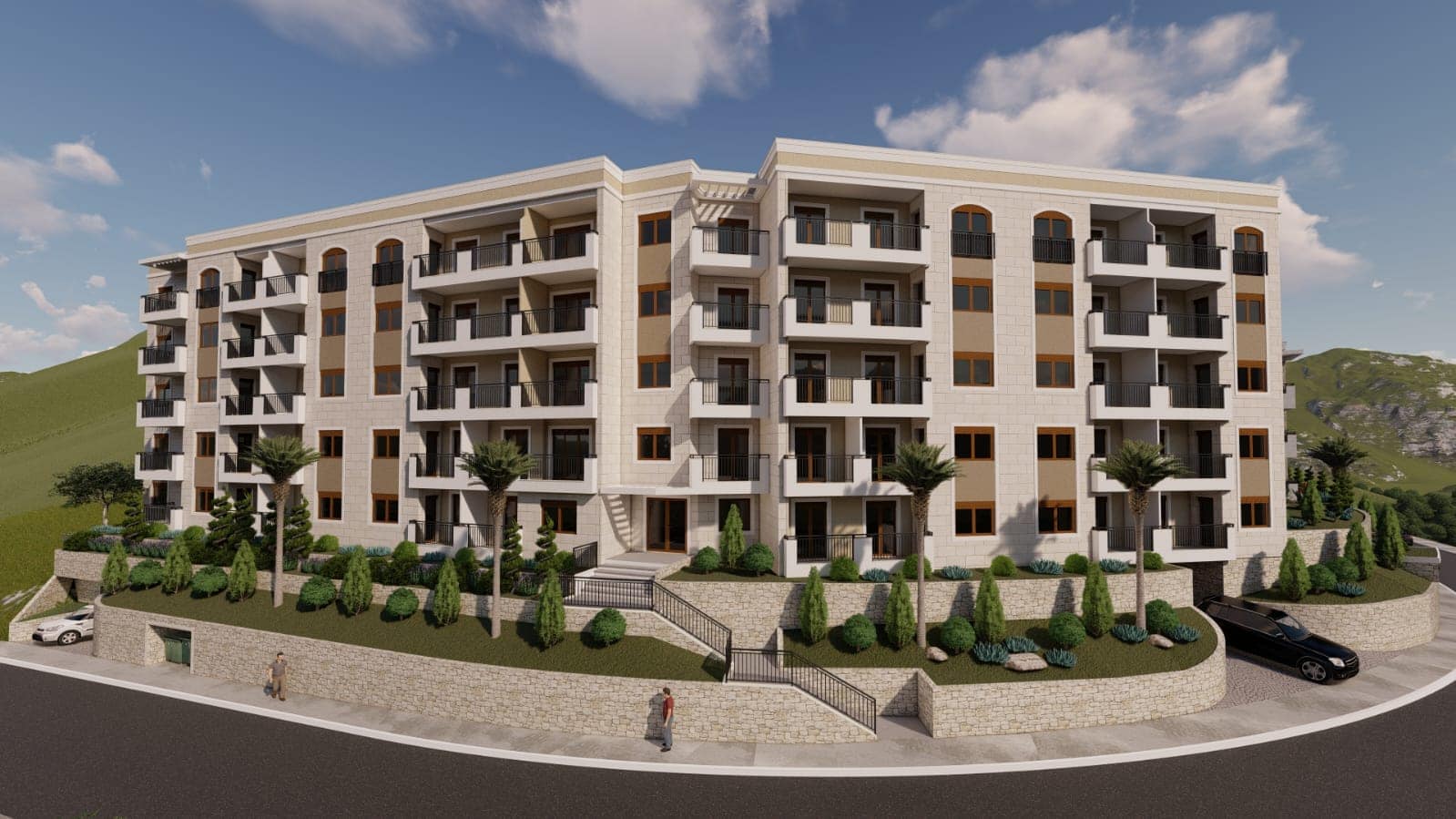 Modern residential complex in Budva, Montenegro: building facade with balconies, panoramic windows, and landscaping.