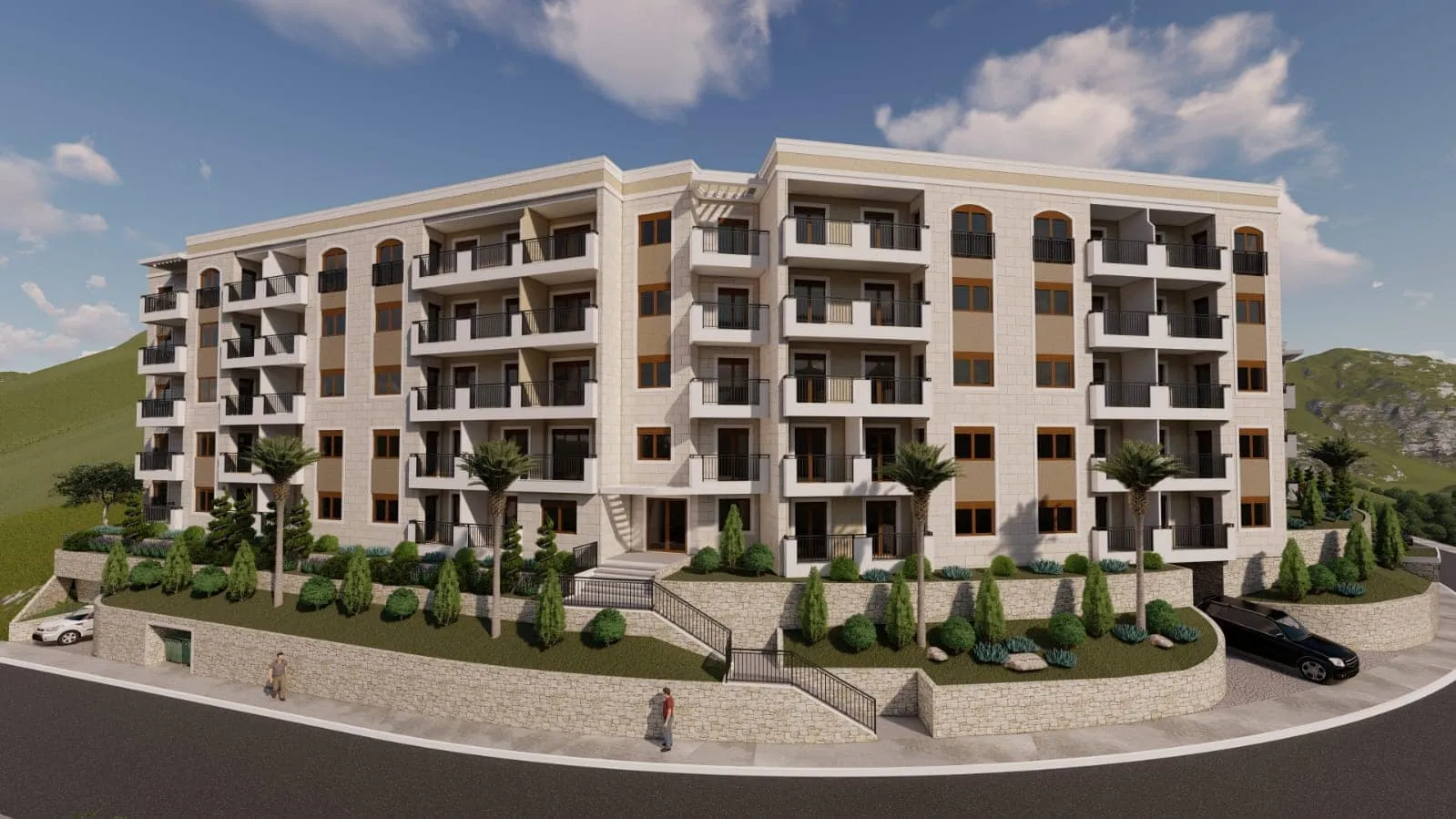 Architectural rendering of a multi-story residential building featuring balconies, landscaped grounds, and cars outside.