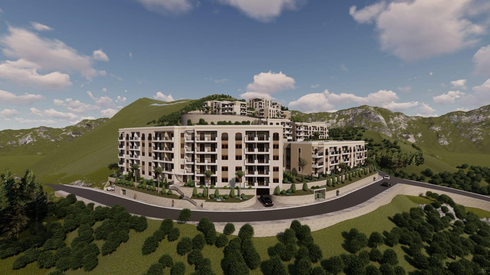 Visualization of a modern residential complex in the mountains of Budva, Montenegro: multi-story buildings with terraces and panoramic views.