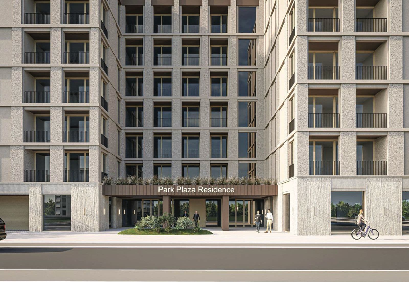 Modern facade of the Park Plaza Residence residential complex in Budva, Montenegro: entrance area and panoramic windows.