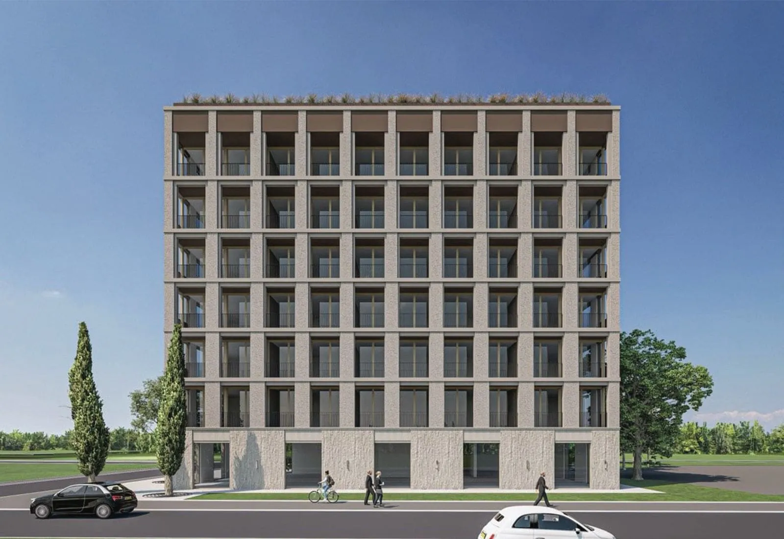 Exterior facade of a multi-story residential building with balconies, people, and cars on the street.