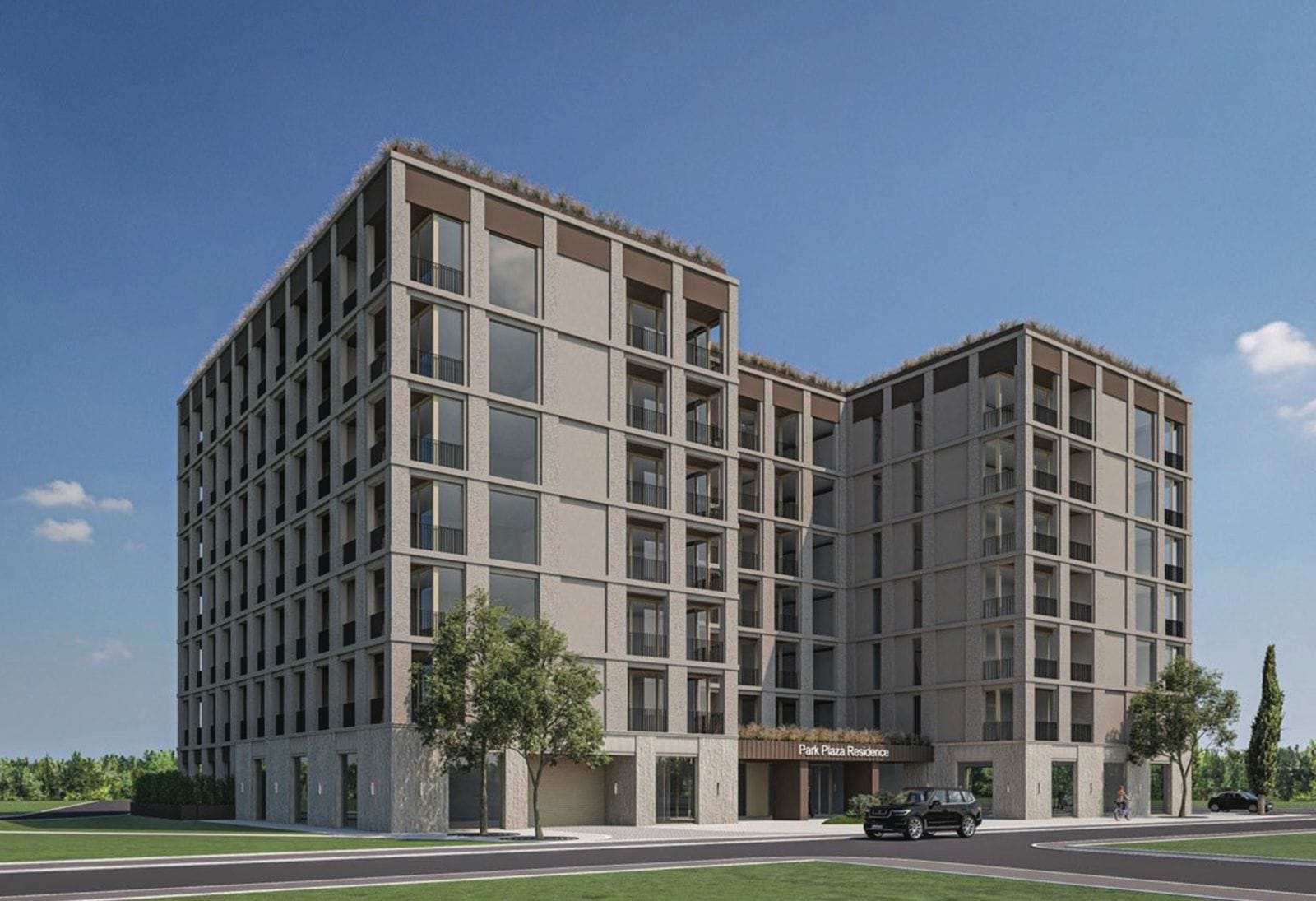 Modern Park Plaza Residence residential complex in Budva, Montenegro: building facade with panoramic windows and balconies.