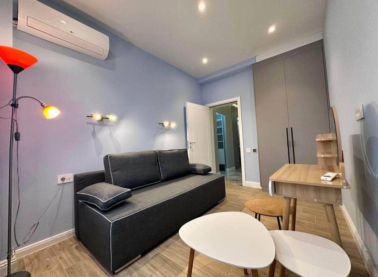 Modern living room in an apartment in Tivat, Montenegro: gray sofa, built-in wardrobe, coffee tables, and air conditioner.