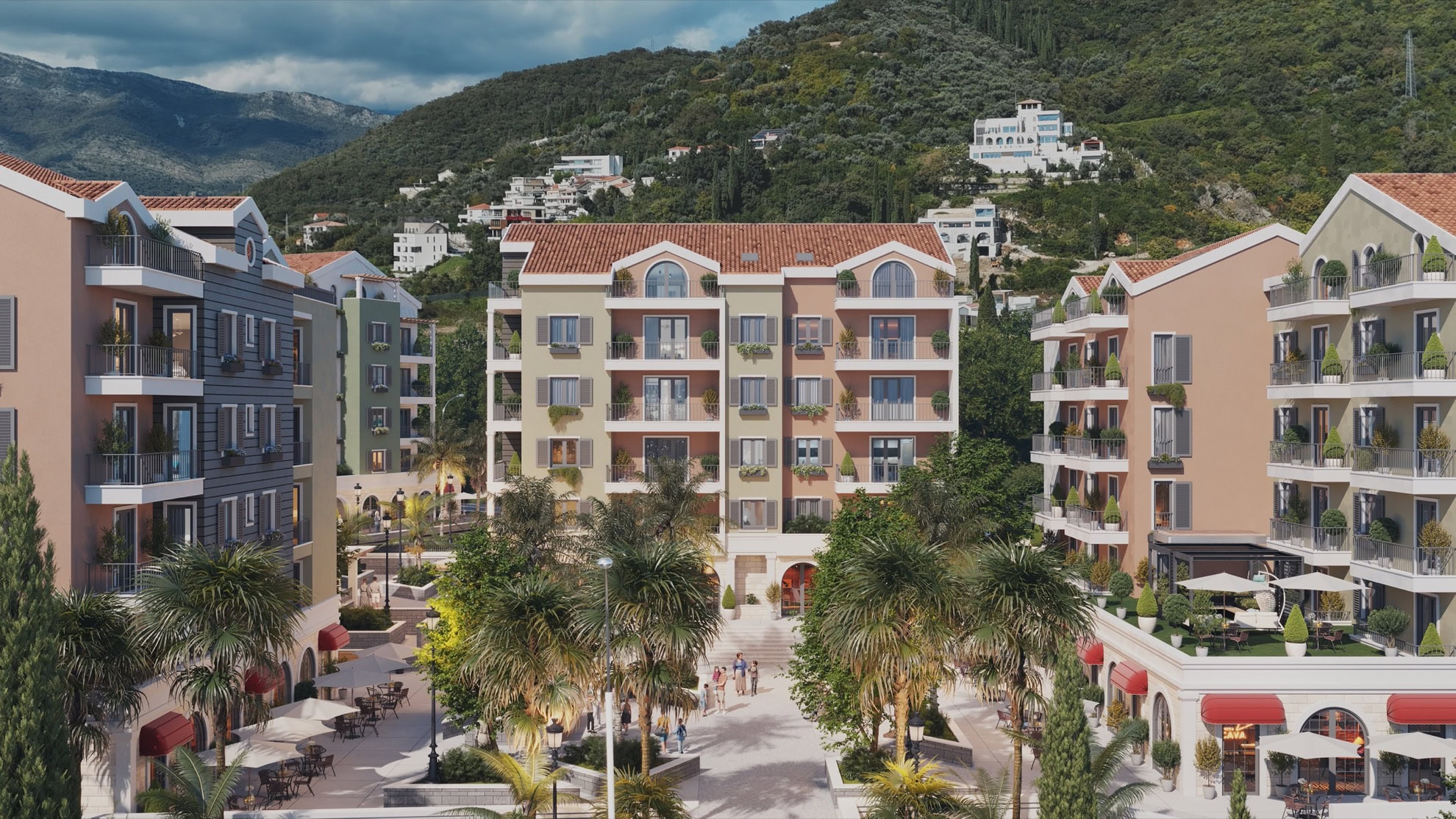 Modern residential complex with terraces and palm trees in Tivat, Montenegro: view of the landscaped grounds and building facades.