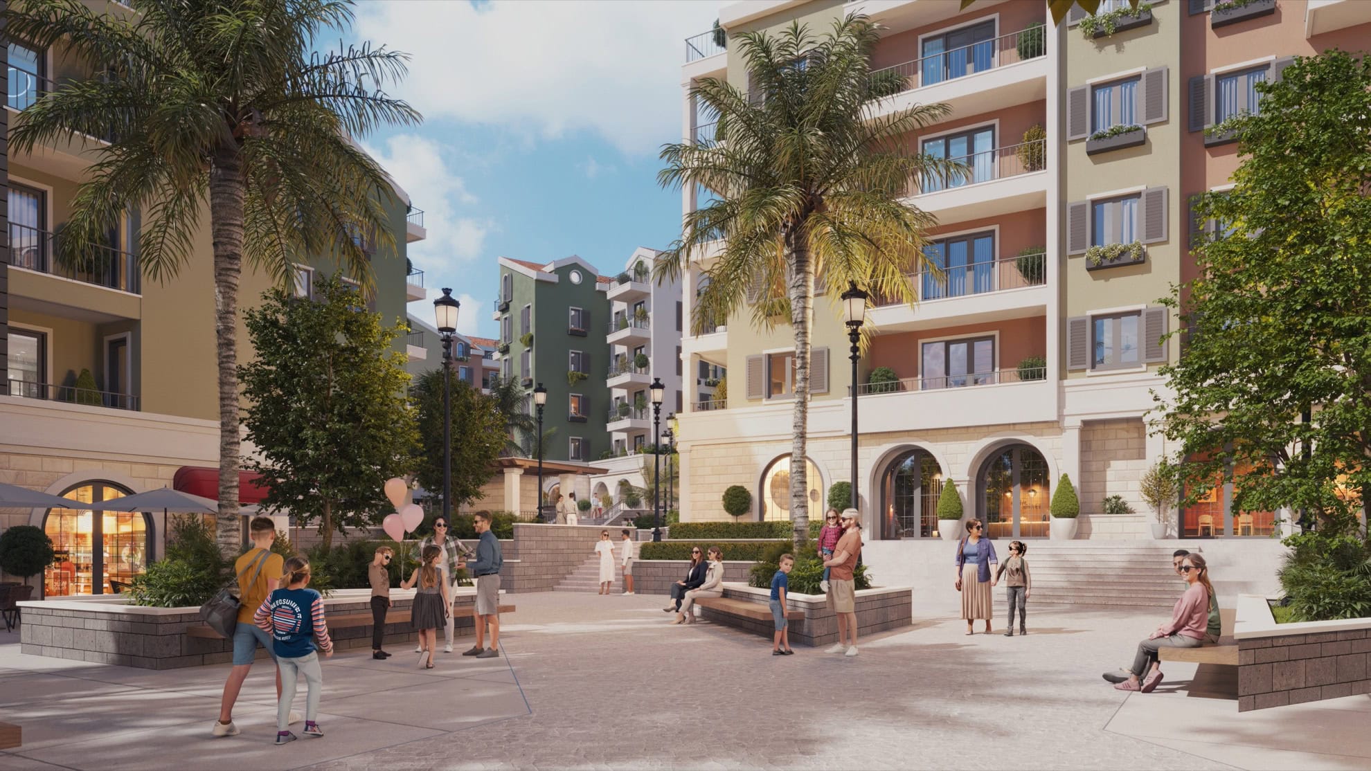 Modern residential complex in Tivat, Montenegro: landscaped area with palm trees and a walking path by the buildings.