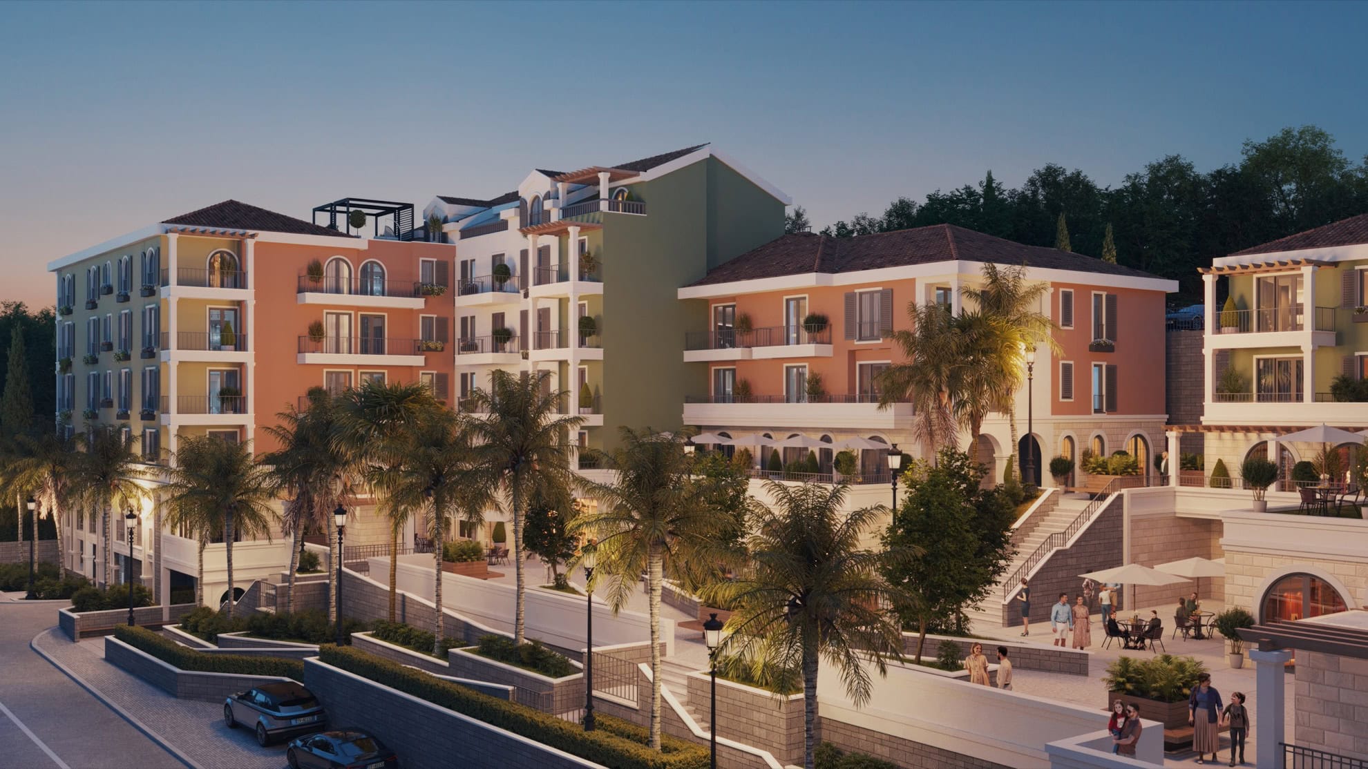 Modern residential complex in Tivat, Montenegro: apartment buildings with terraces, palm trees, and a landscaped courtyard.