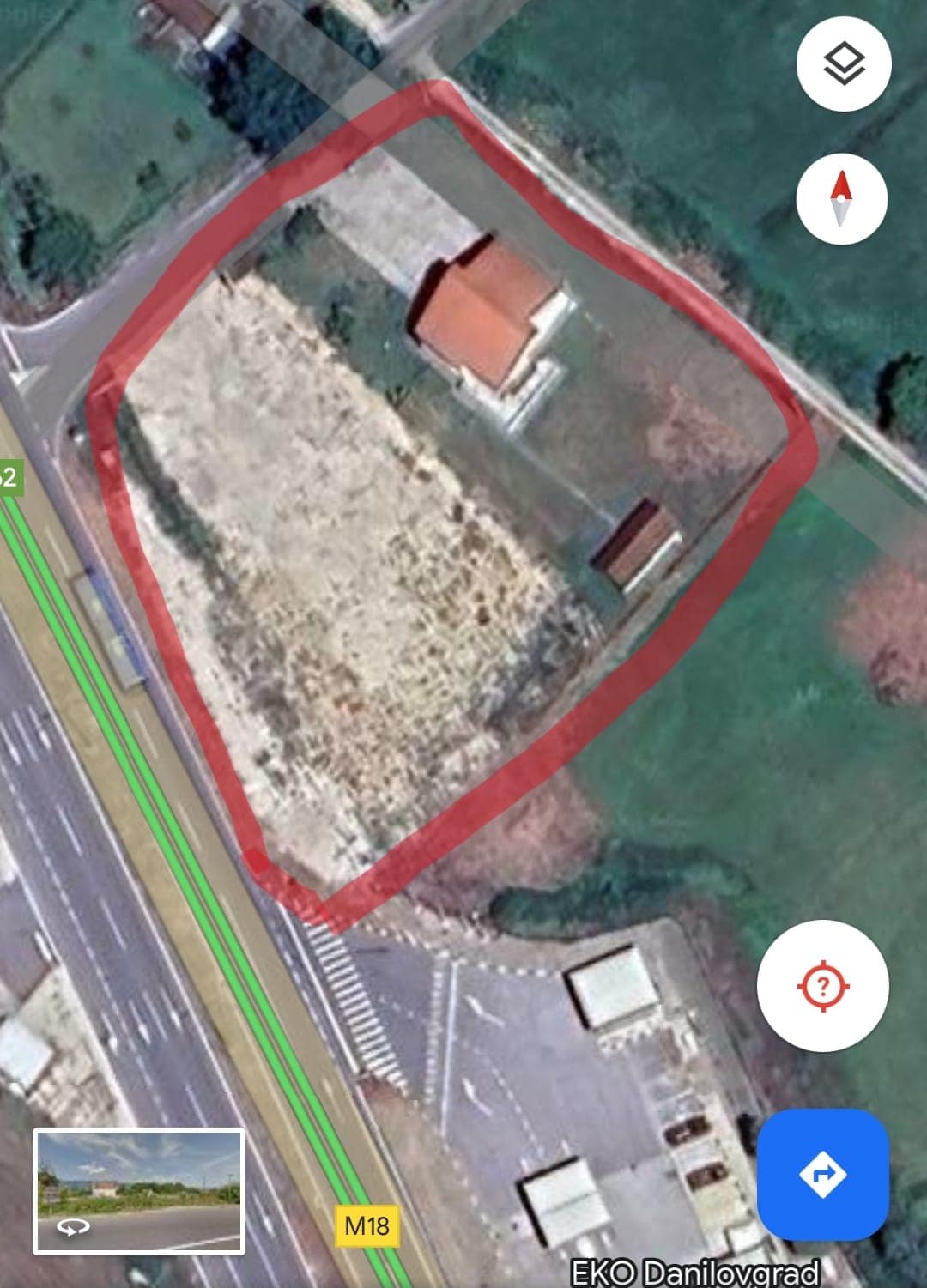 Building plot with a house in Danilovgrad, Montenegro, satellite view by the M18 highway.