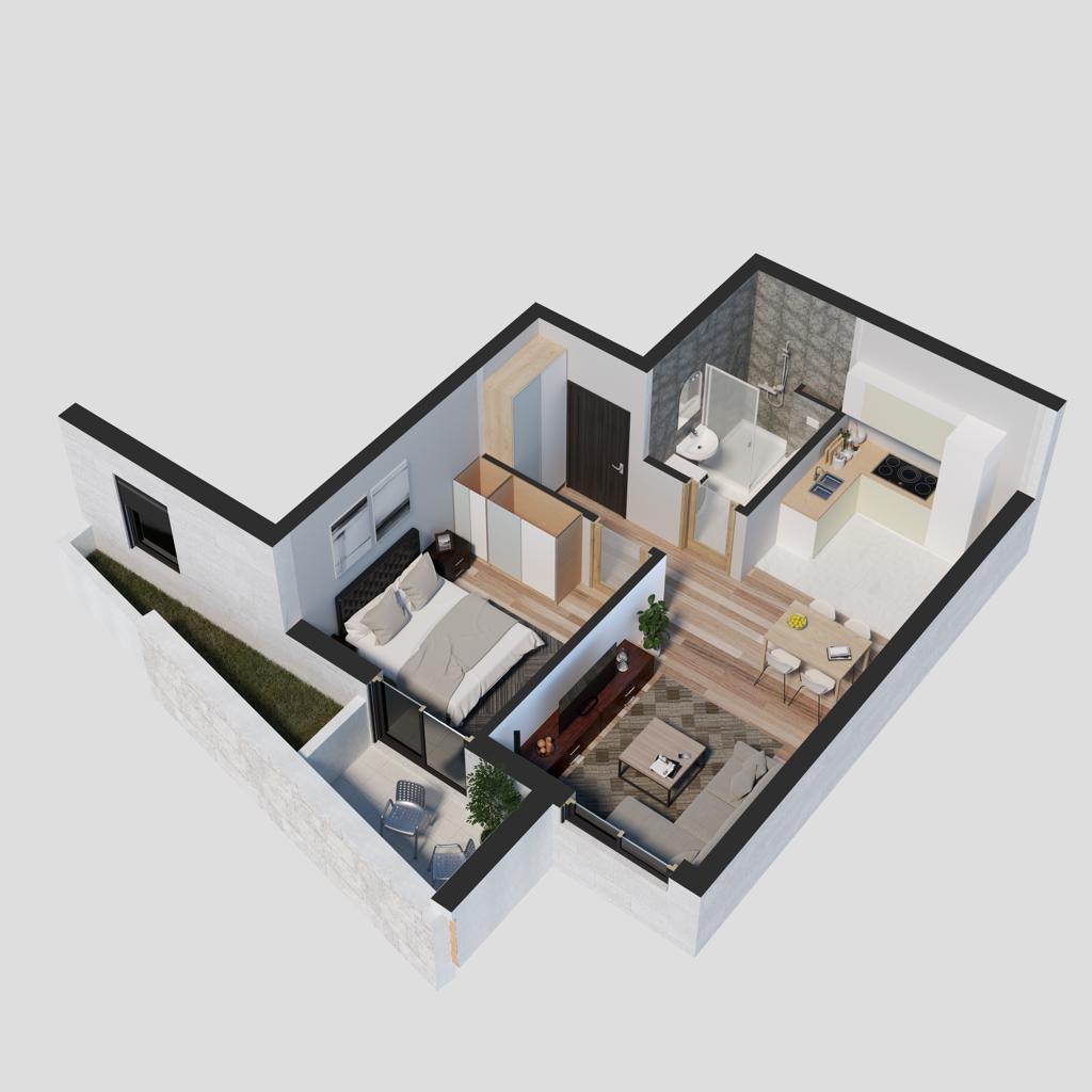 3D floor plan of an apartment in Petrovac, Montenegro: bedroom, living room with kitchen, bathroom, and a furnished terrace.