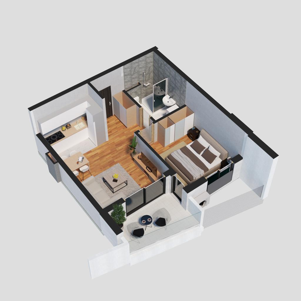 3D floor plan of an apartment in Petrovac, Montenegro: bedroom, kitchen-living room, bathroom, and a furnished terrace.