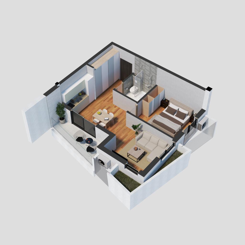 3D floor plan of an apartment in Petrovac, Montenegro: bedroom, living room, kitchen, bathroom, and a furnished terrace.