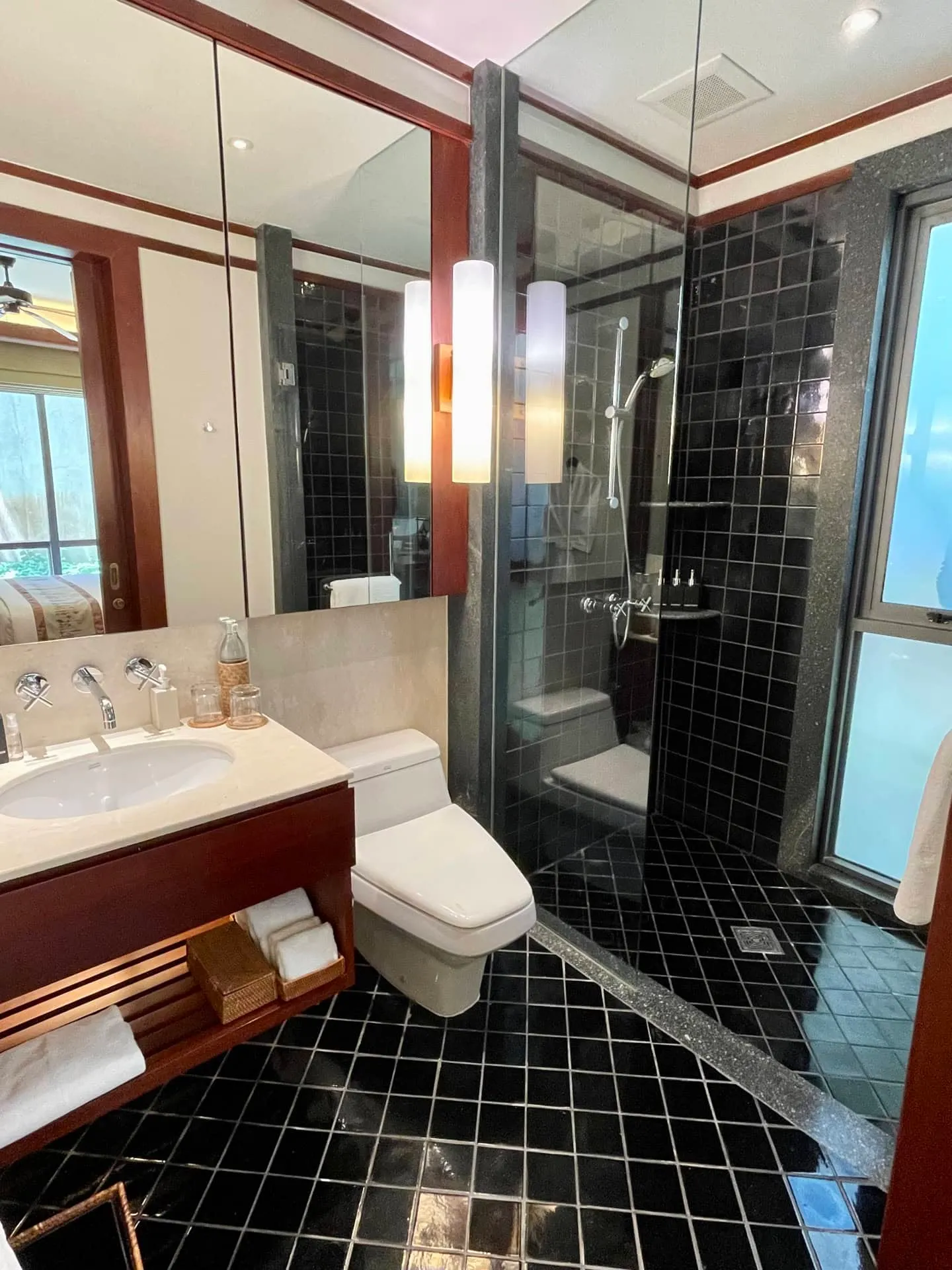 Bathroom with black tile floor, glass shower enclosure, toilet, and vanity sink with wooden cabinet.