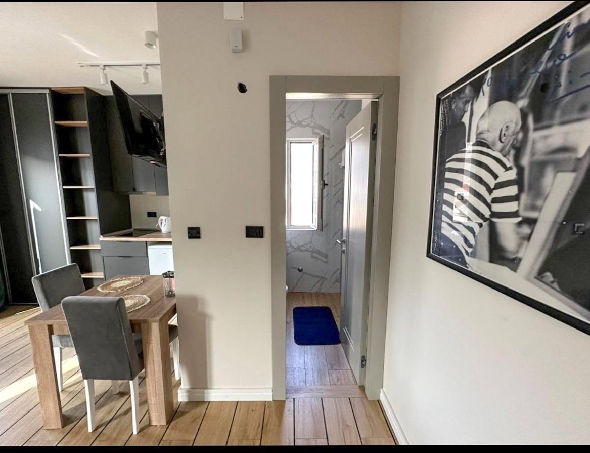 Modern living room with dining area and entrance to the bathroom in an apartment, Budva, Montenegro.