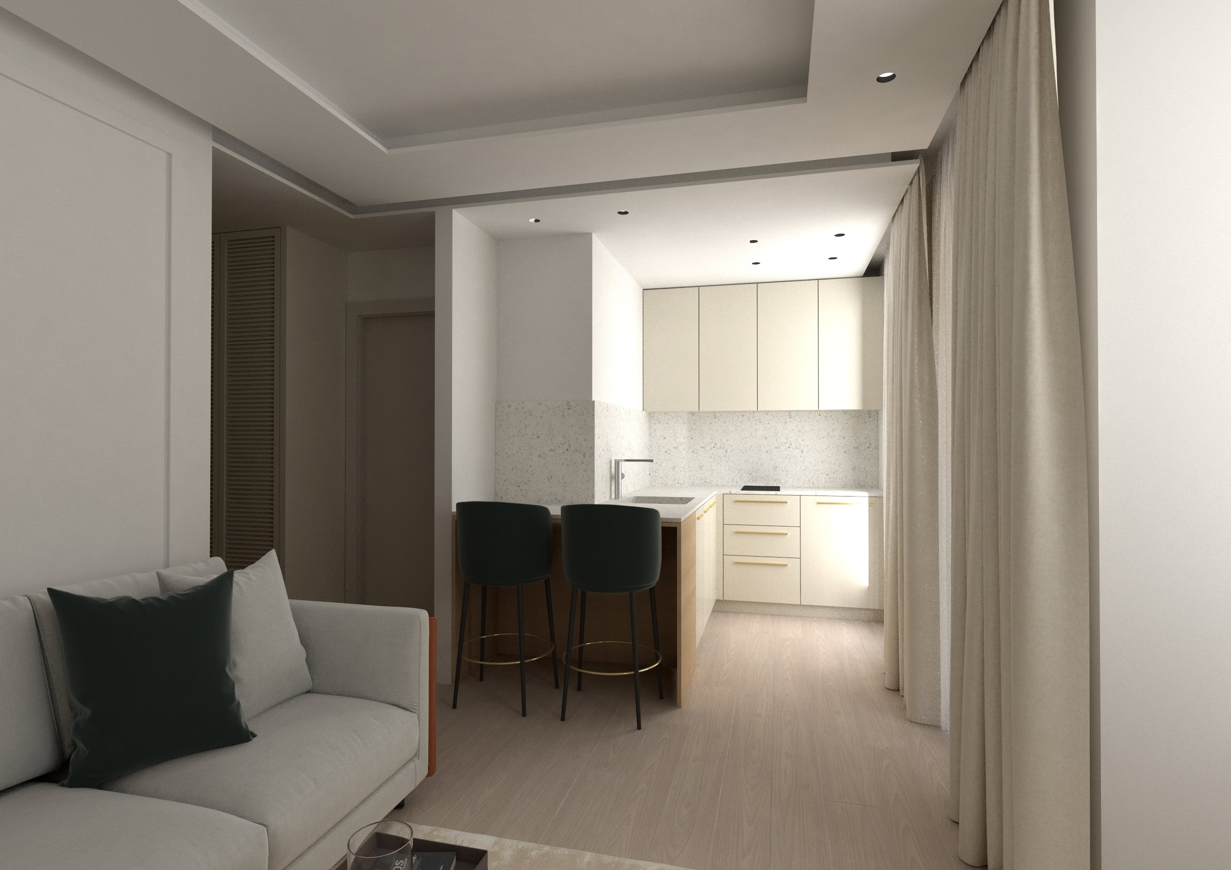 Modern kitchen-living room in an apartment, Budva, Montenegro: light-colored furniture, a bar counter, and a stylish interior.