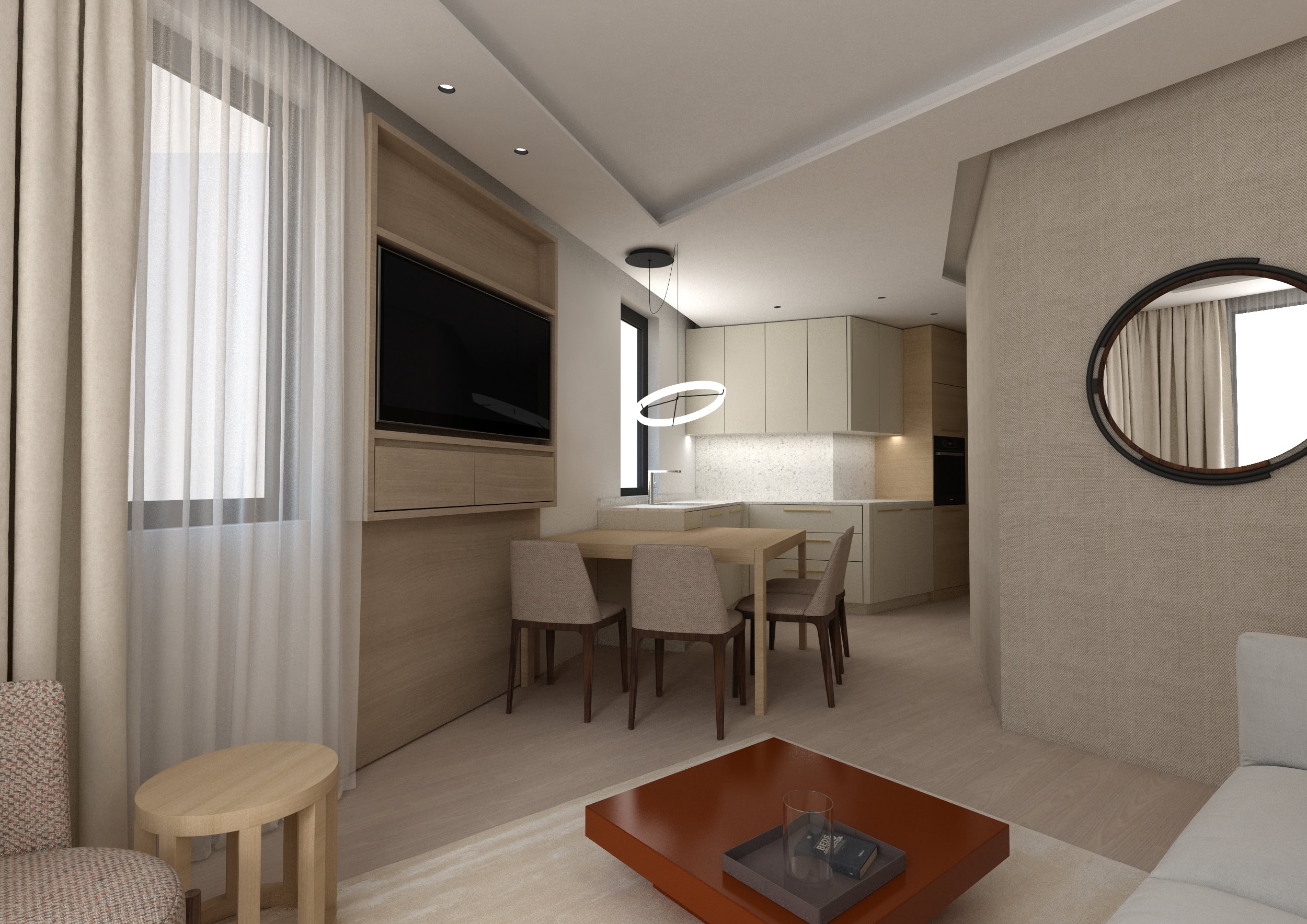 Modern living room with kitchen in an apartment in Budva, Montenegro: bright interior, dining area, and stylish furniture.