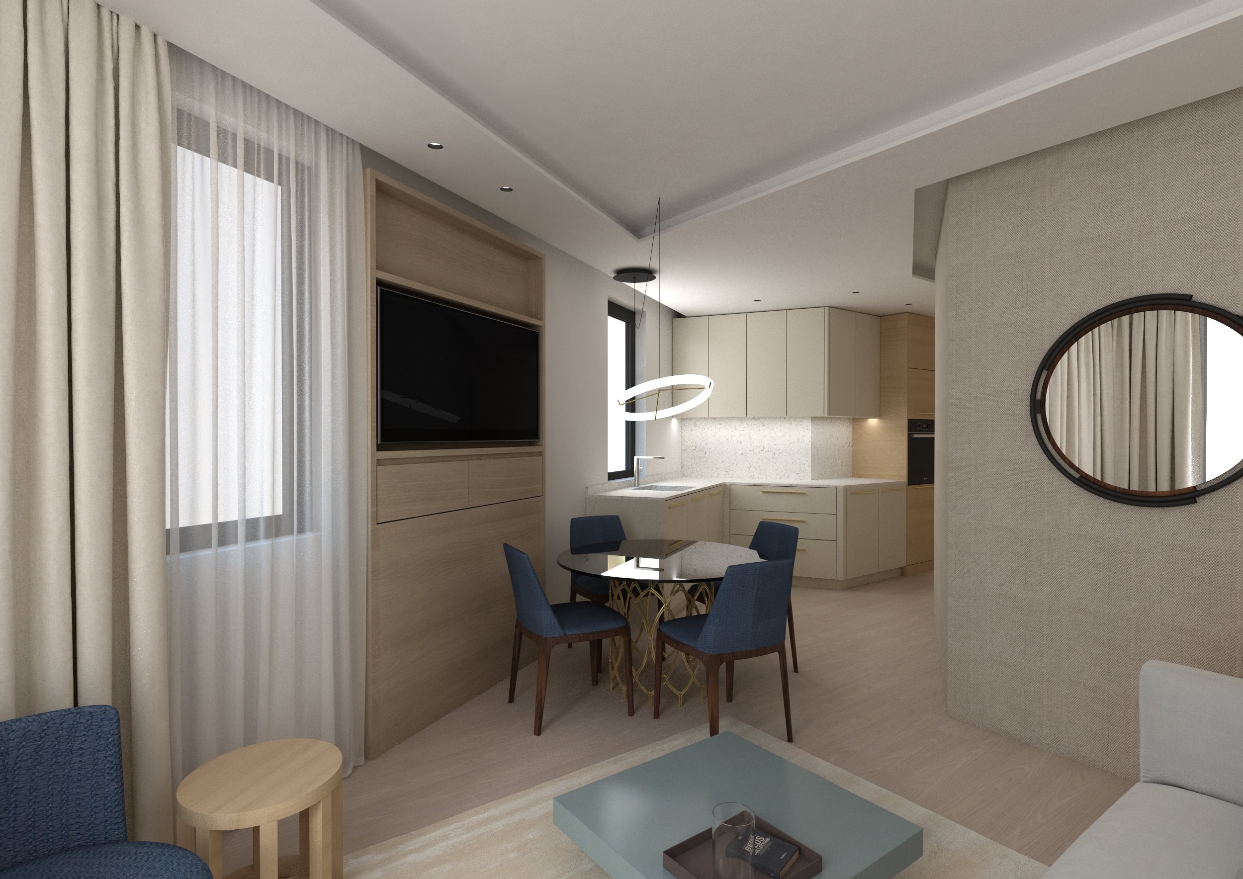 Modern living room with kitchen in an apartment in Budva, Montenegro: dining area, light furniture, and stylish interior.