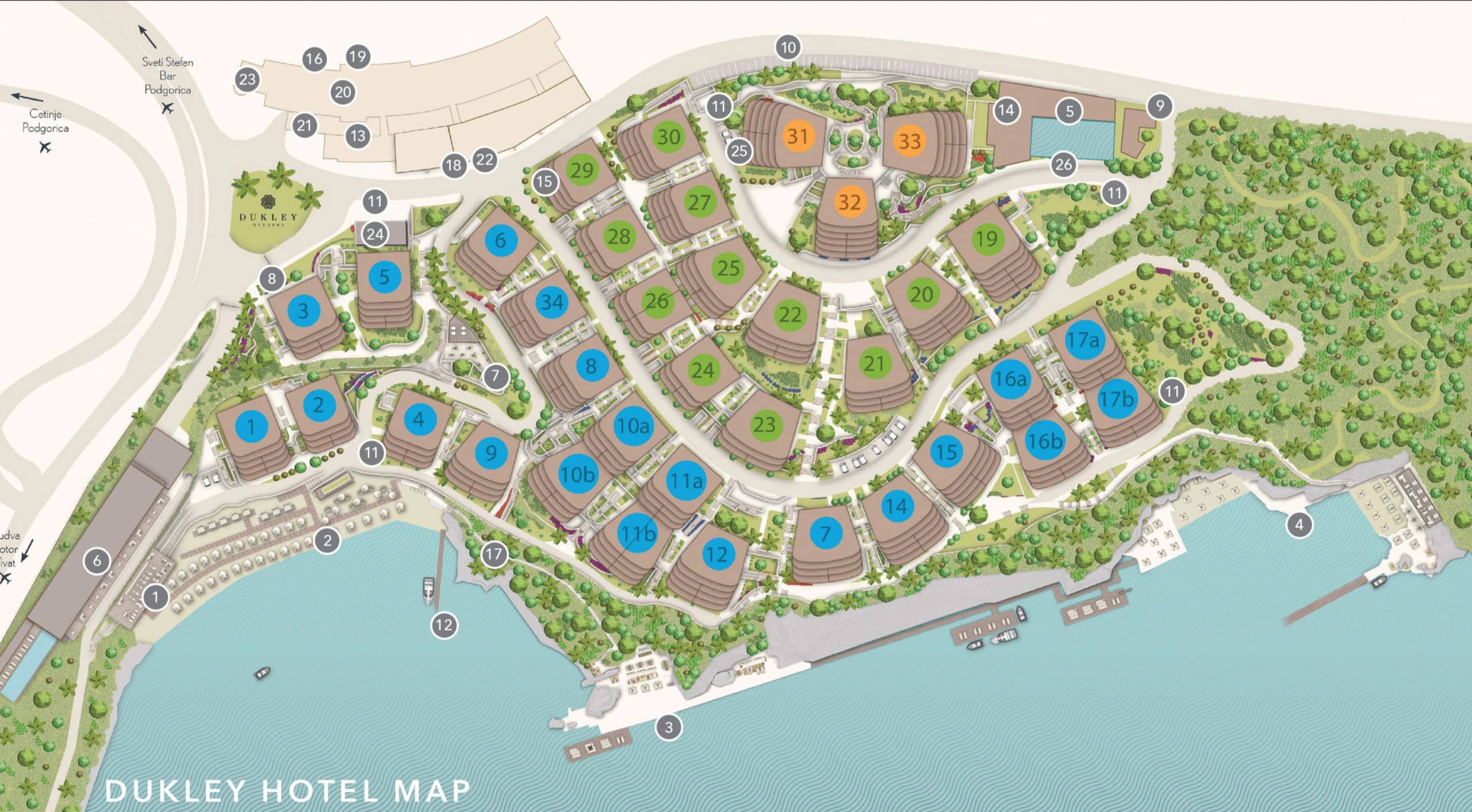 Master plan of the Dukley Gardens residential complex in Budva, Montenegro: location of the villas, pool, and beach.