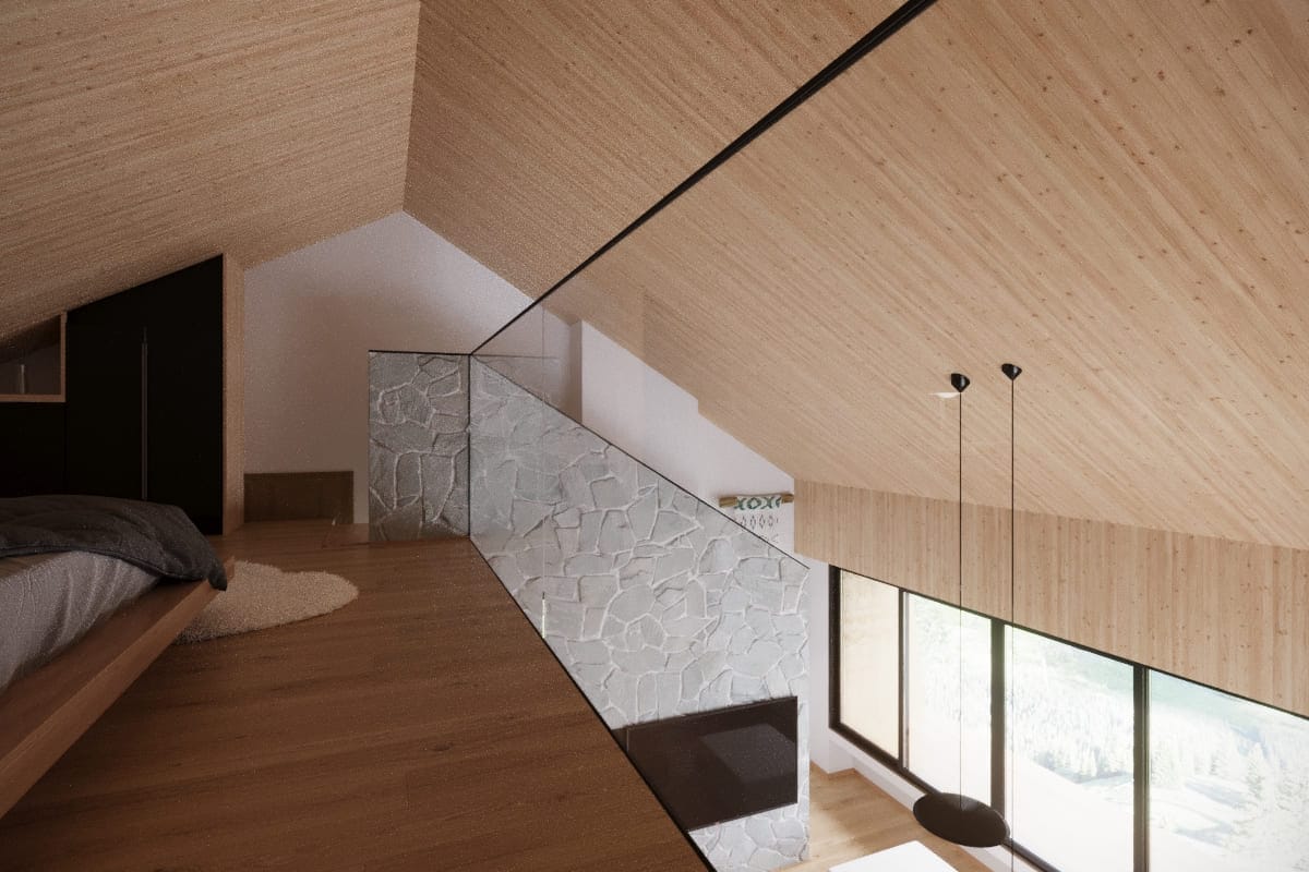 Modern attic bedroom with wood finishes and a stone wall in Kolasin Residential Complex, Montenegro.