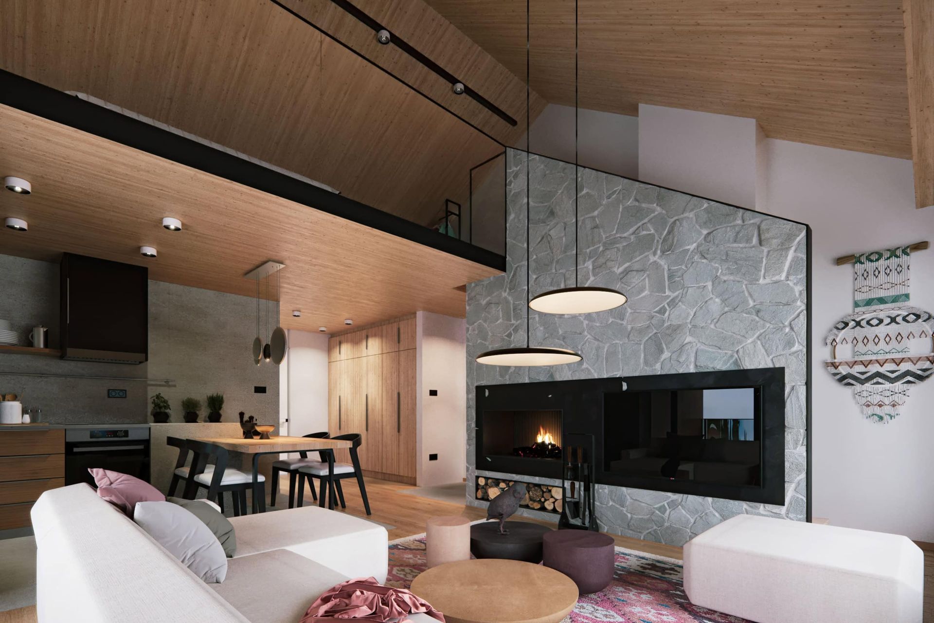 Modern living room with a fireplace and wood finishes in a residential complex, Kolašin, Montenegro. Interior with a mezzanine.