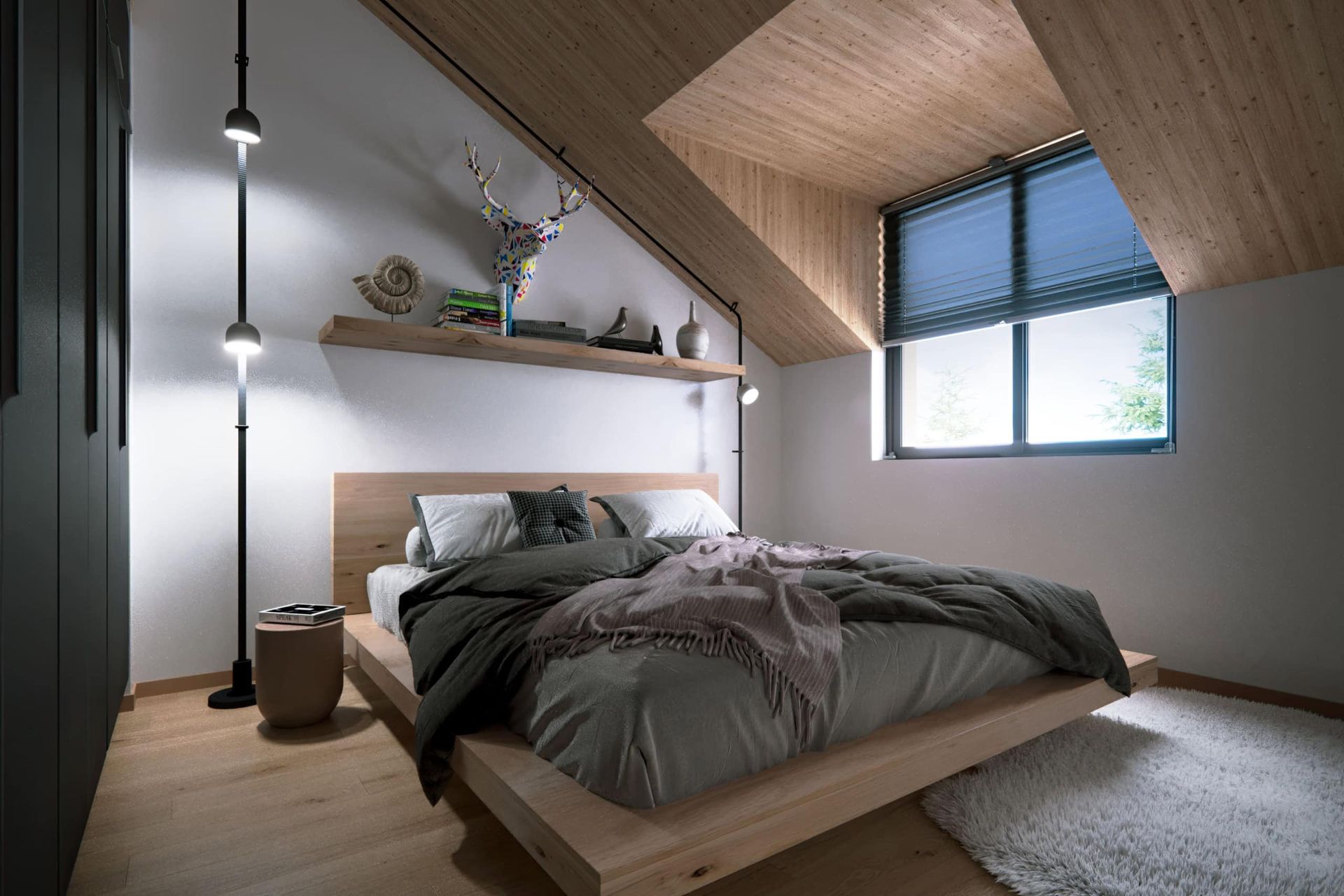 Modern bedroom with wood finishes in a residential complex in Kolašin, Montenegro: double bed and attic.