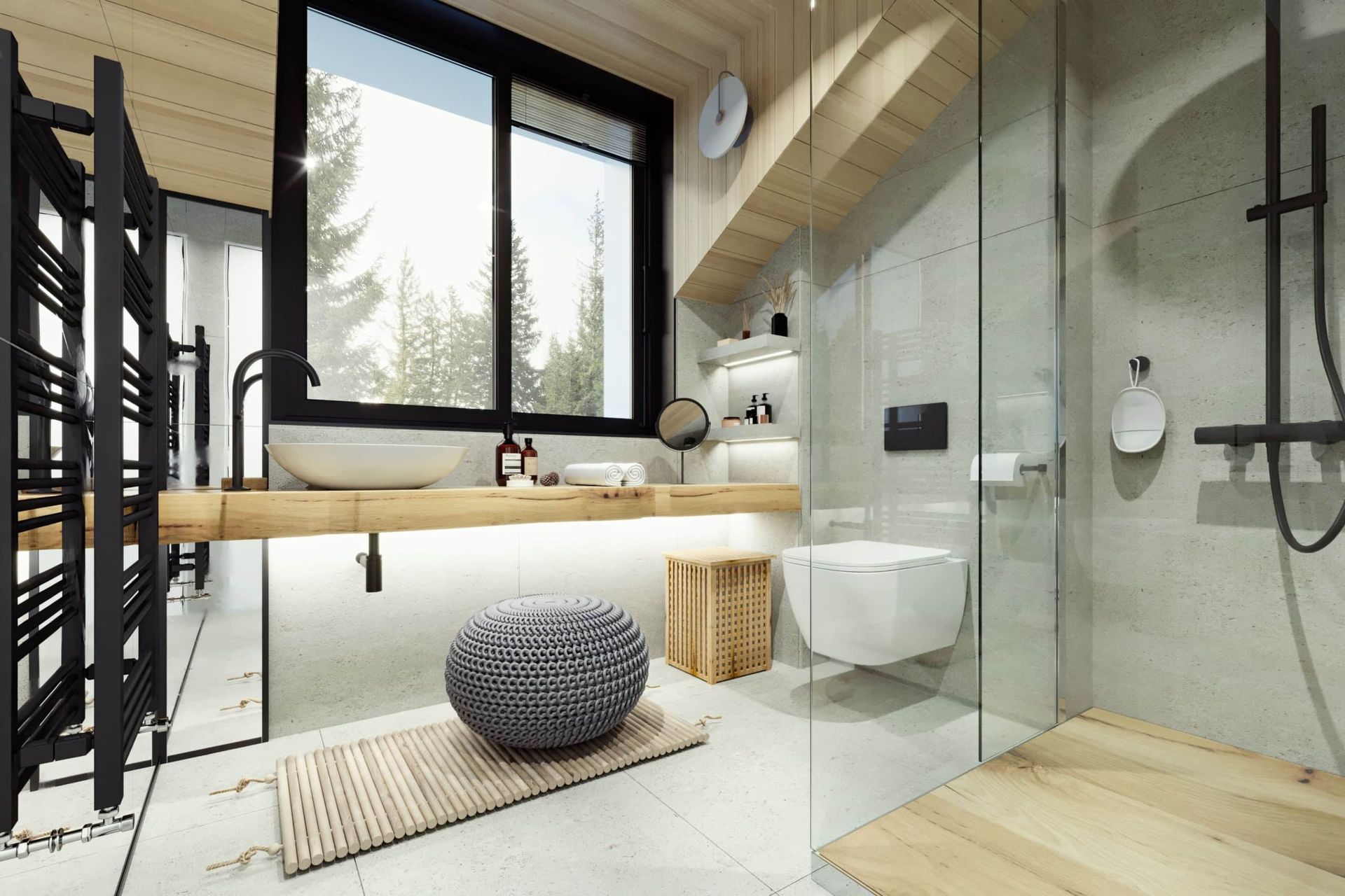 Modern bathroom in the Kolasin residential complex, Montenegro: wood finishes, a shower cabin, and a view of the coniferous forest.