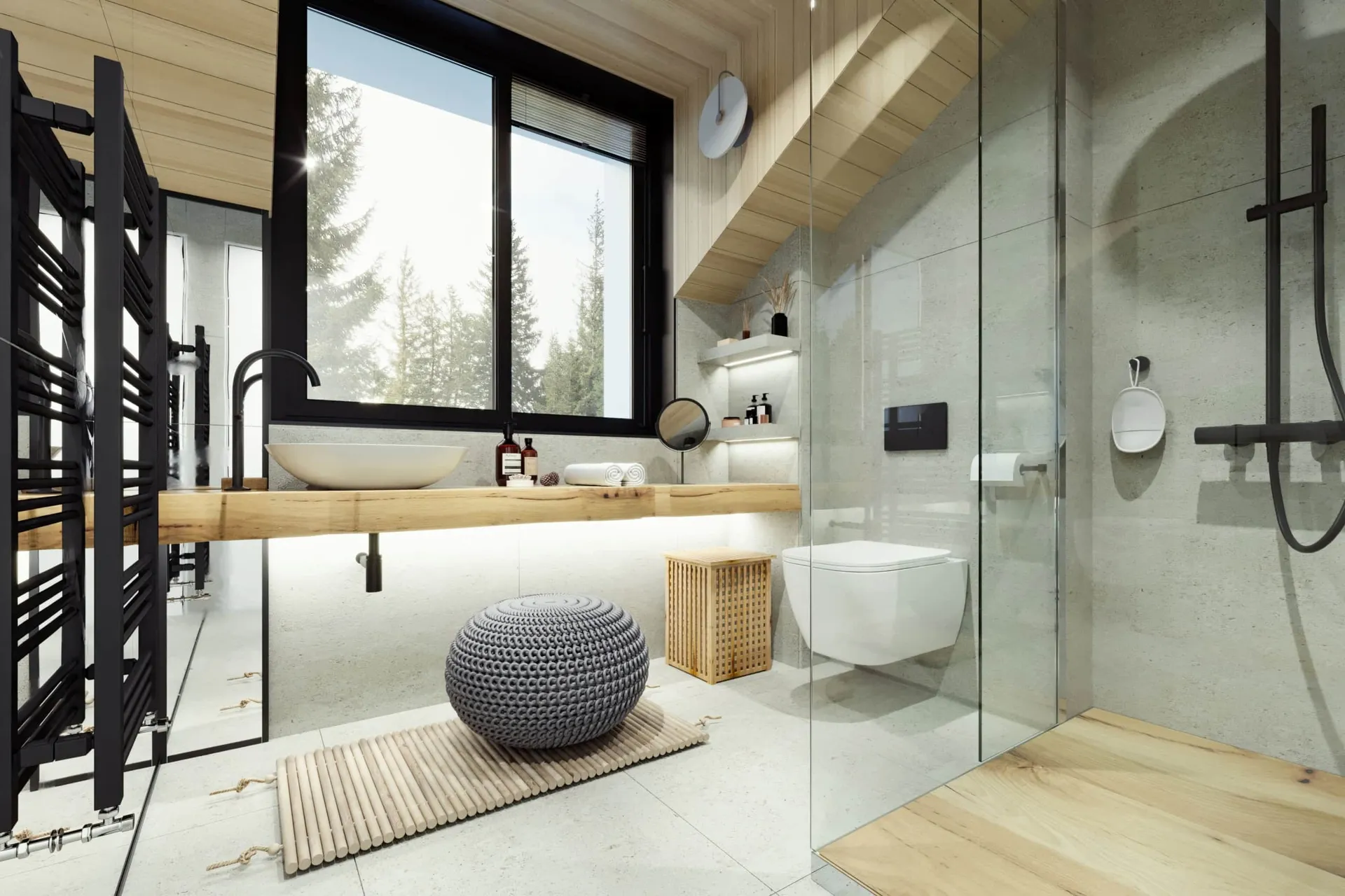 Modern bathroom with a wall-mounted toilet, glass shower enclosure, wooden vanity top, and vessel sink.