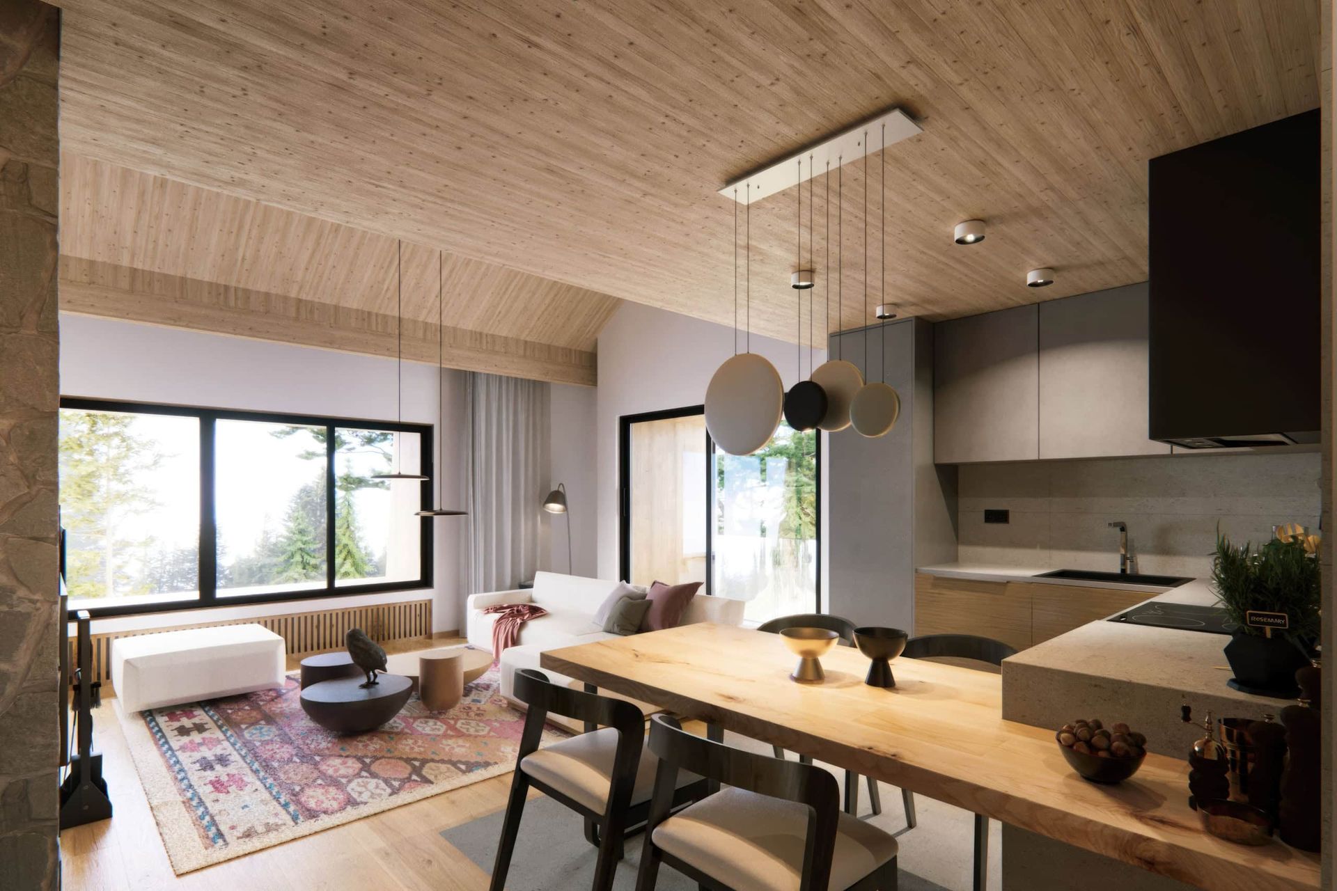 Modern living room with wood finishes and kitchen in a residential complex, Kolašin, Montenegro. Panoramic windows and forest view.