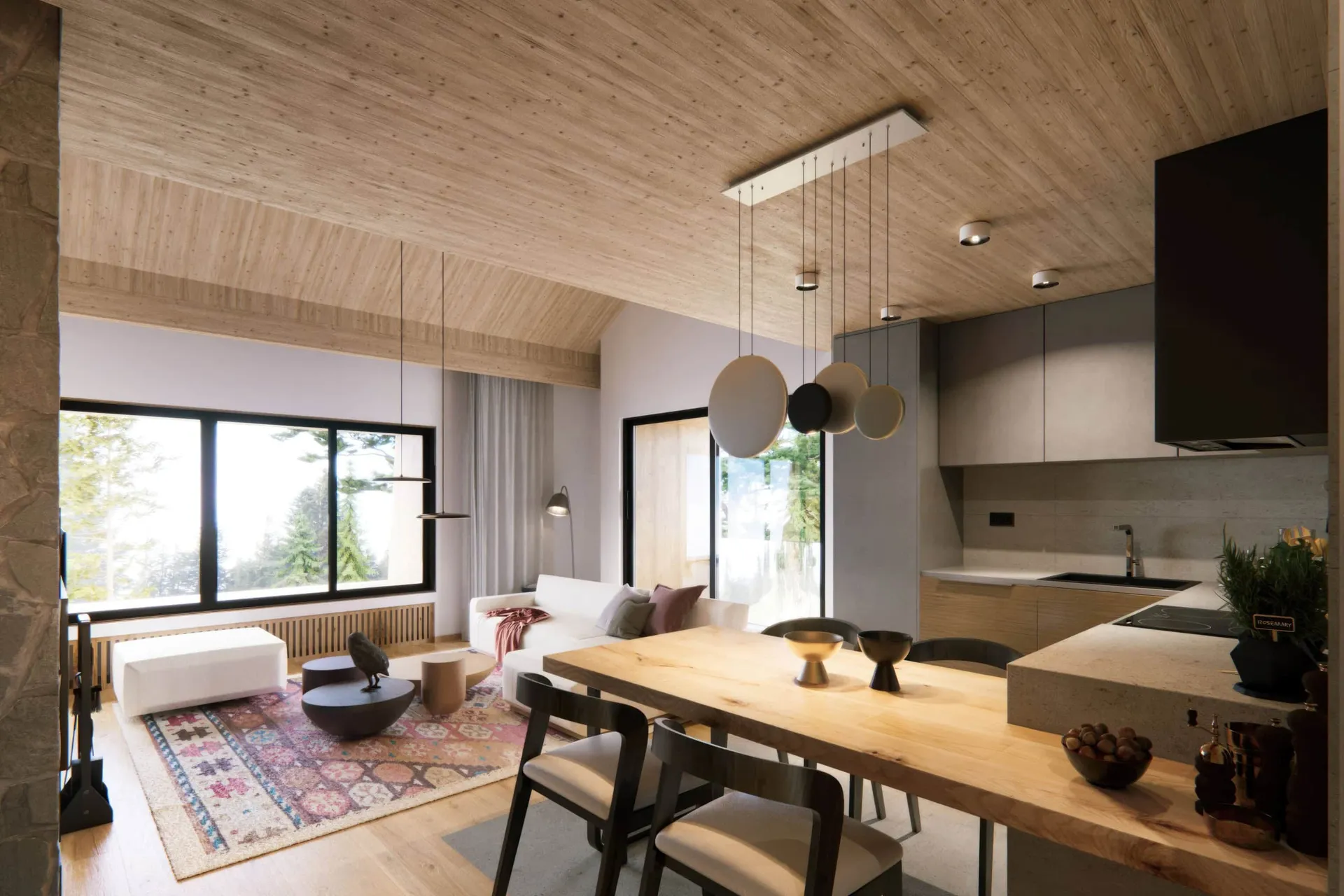 Open plan space featuring a living area with a white sofa, wooden dining table, and modern kitchen under a wood ceiling.