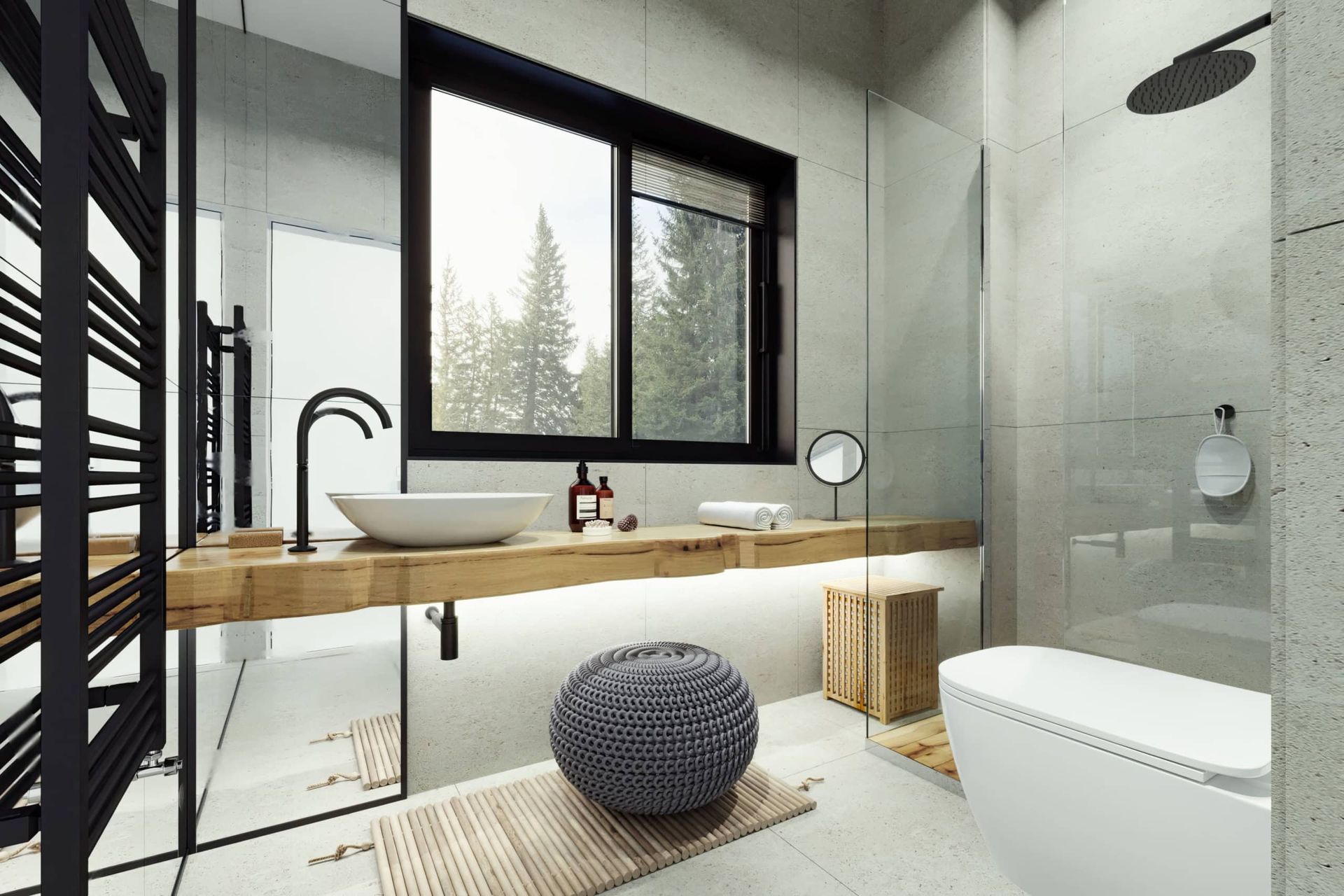 Modern bathroom with a wooden countertop and a view of the forest in Kolasin residential complex, Montenegro.