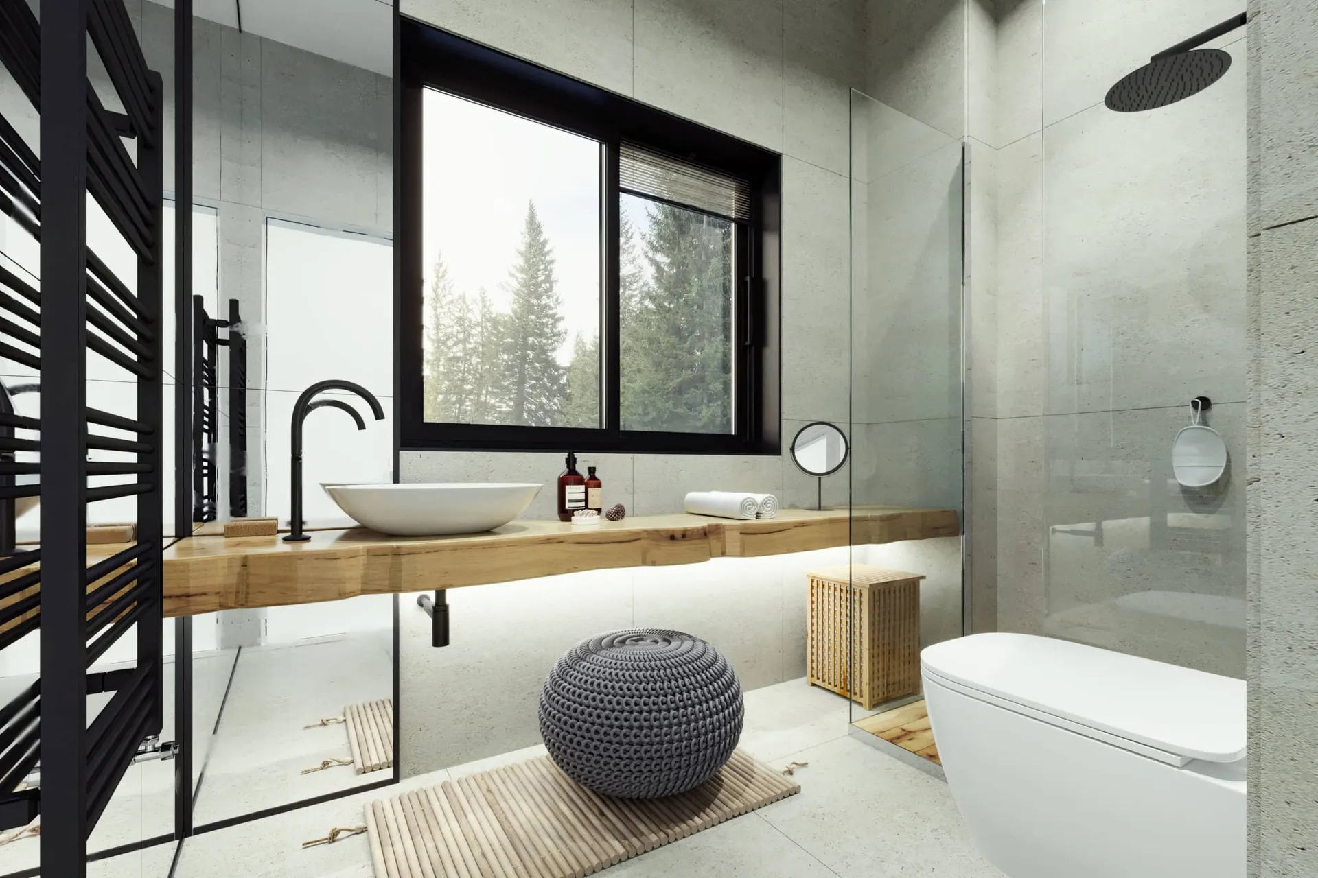 Modern bathroom featuring a wooden vanity, vessel sink, glass shower enclosure, and wall-mounted toilet.