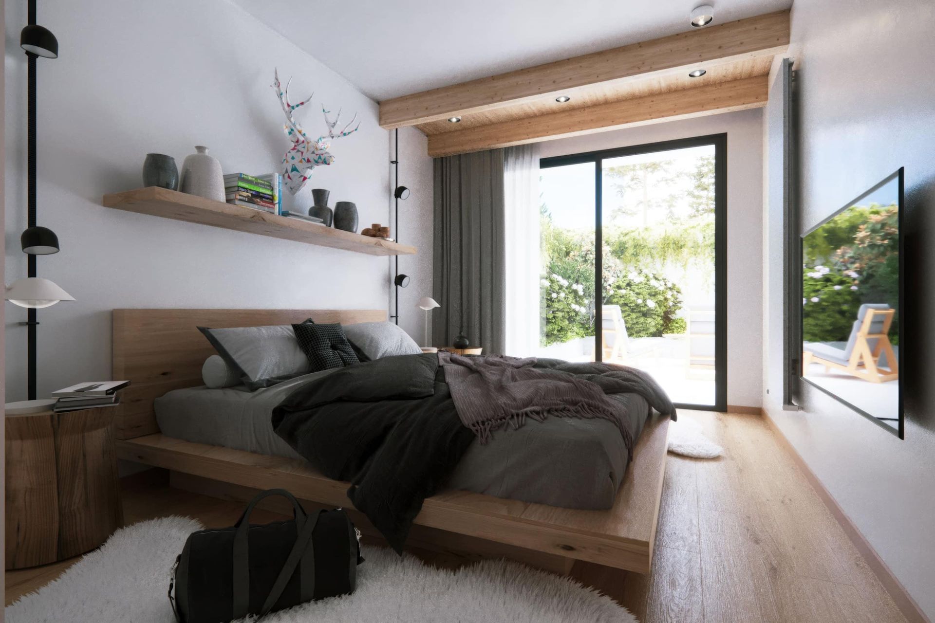 Modern bedroom in Kolasin residential complex, Montenegro: wooden bed, panoramic window with access to the terrace, and decor.