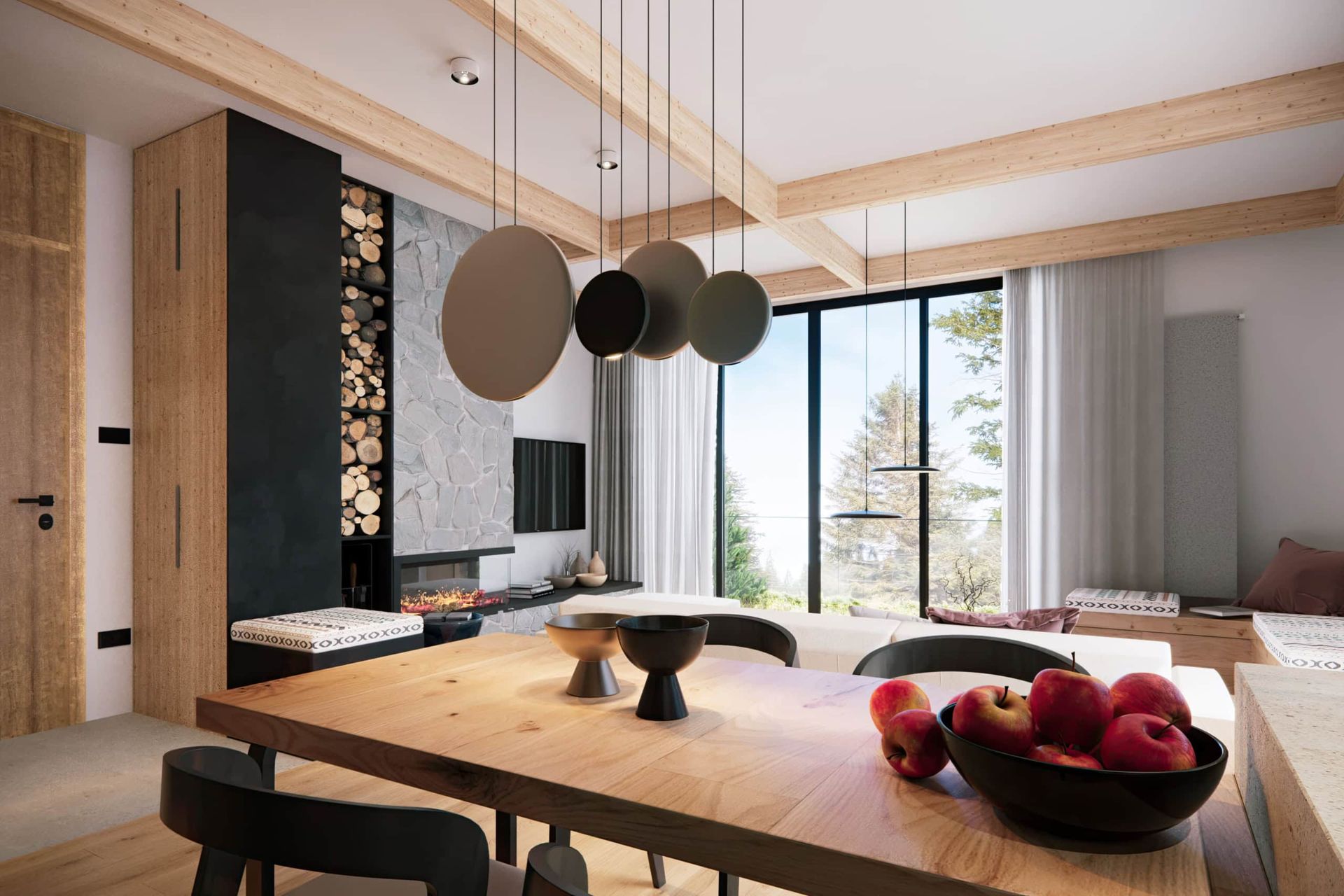 Living room with a fireplace and dining area in a modern residential complex, Kolašin, Montenegro: panoramic windows and forest view.
