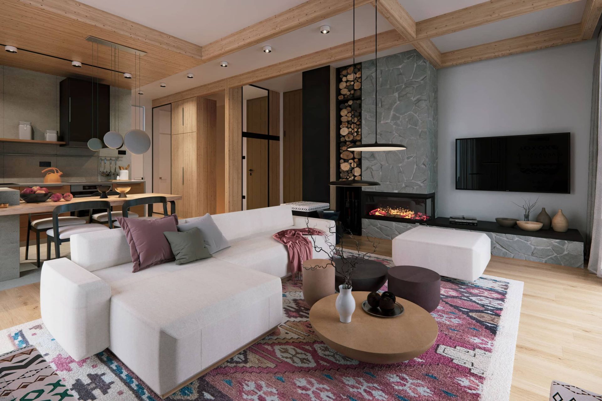 Living room with fireplace and kitchen in a modern residential complex in Kolašin, Montenegro: stylish interior, wood and stone.