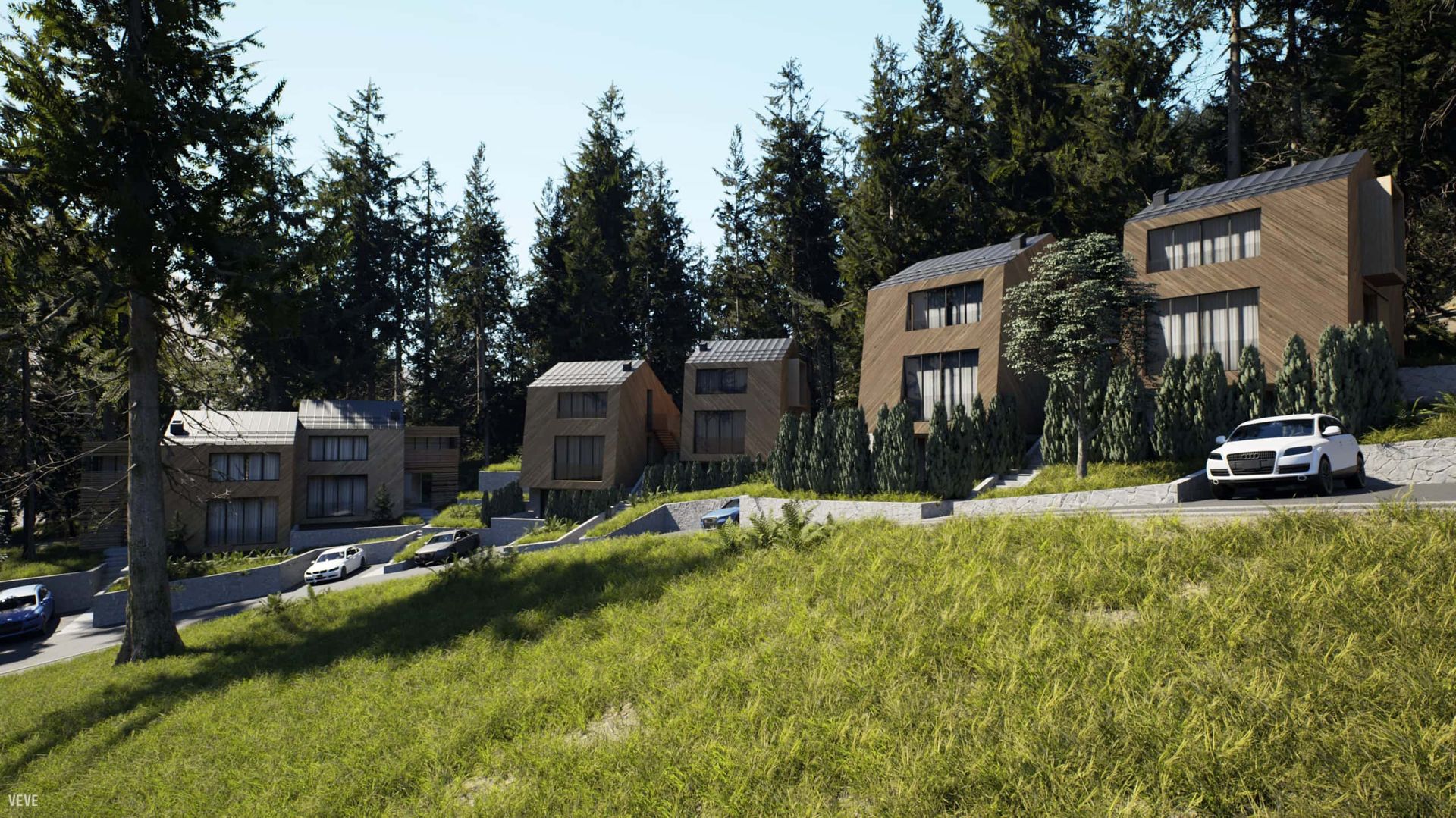 Modern wooden villas in the forest, residential complex in Kolašin, Montenegro: view of houses with panoramic windows.