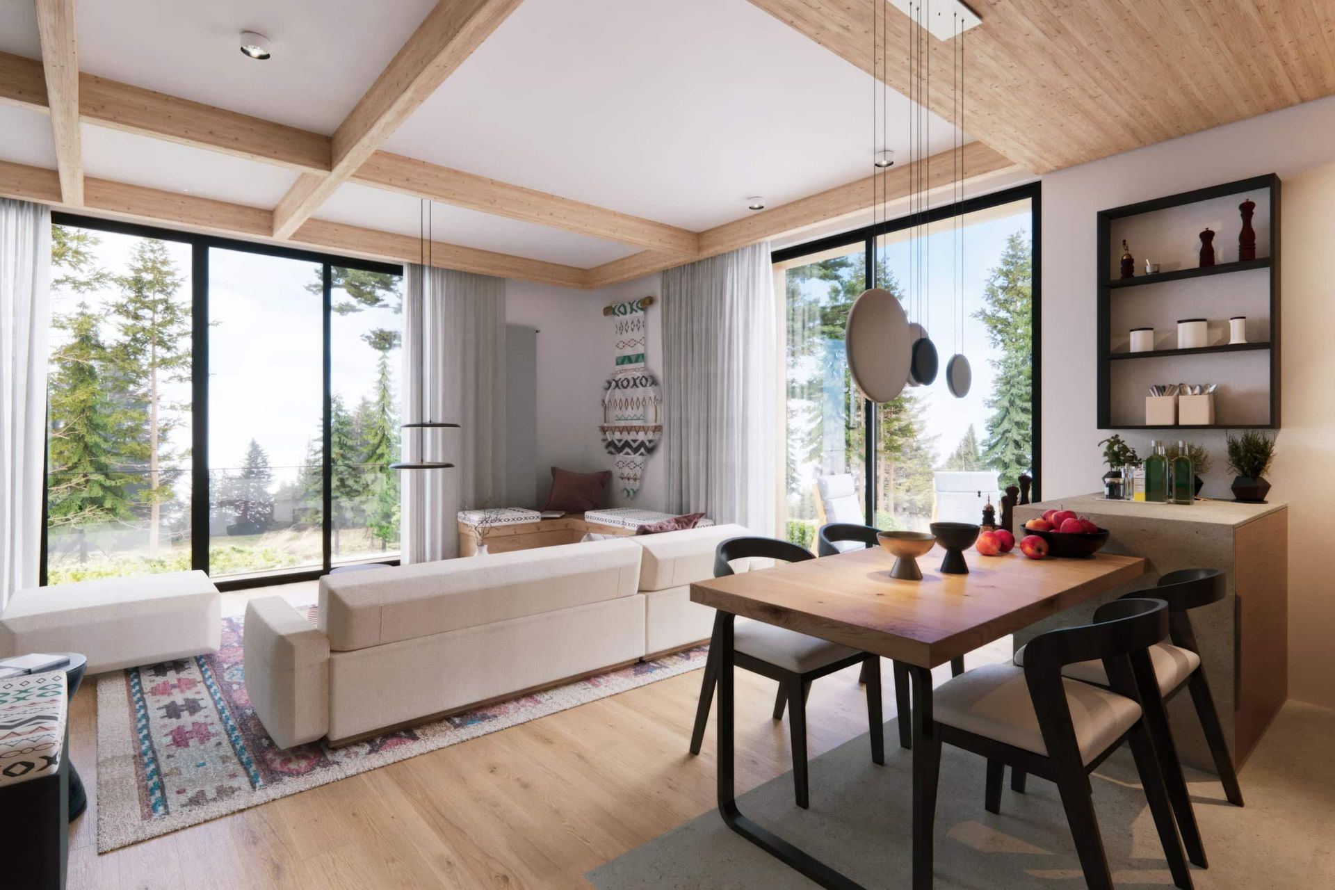 Modern living room with panoramic windows and forest views in a residential complex, Kolasin, Montenegro.