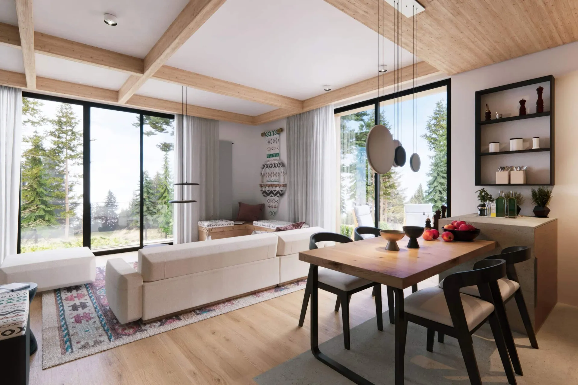 Bright room with a white sofa, wooden dining table, and large window overlooking a forest.
