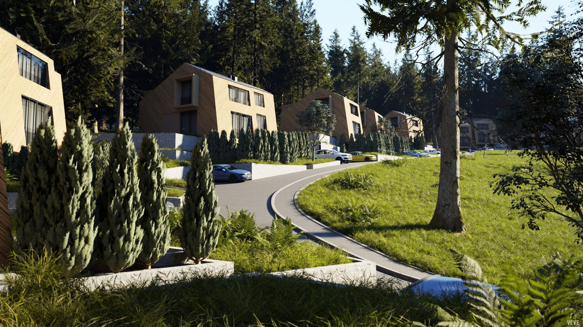 Modern wooden villas in the forest, residential complex in Kolašin, Montenegro: view of the houses with panoramic windows and parking