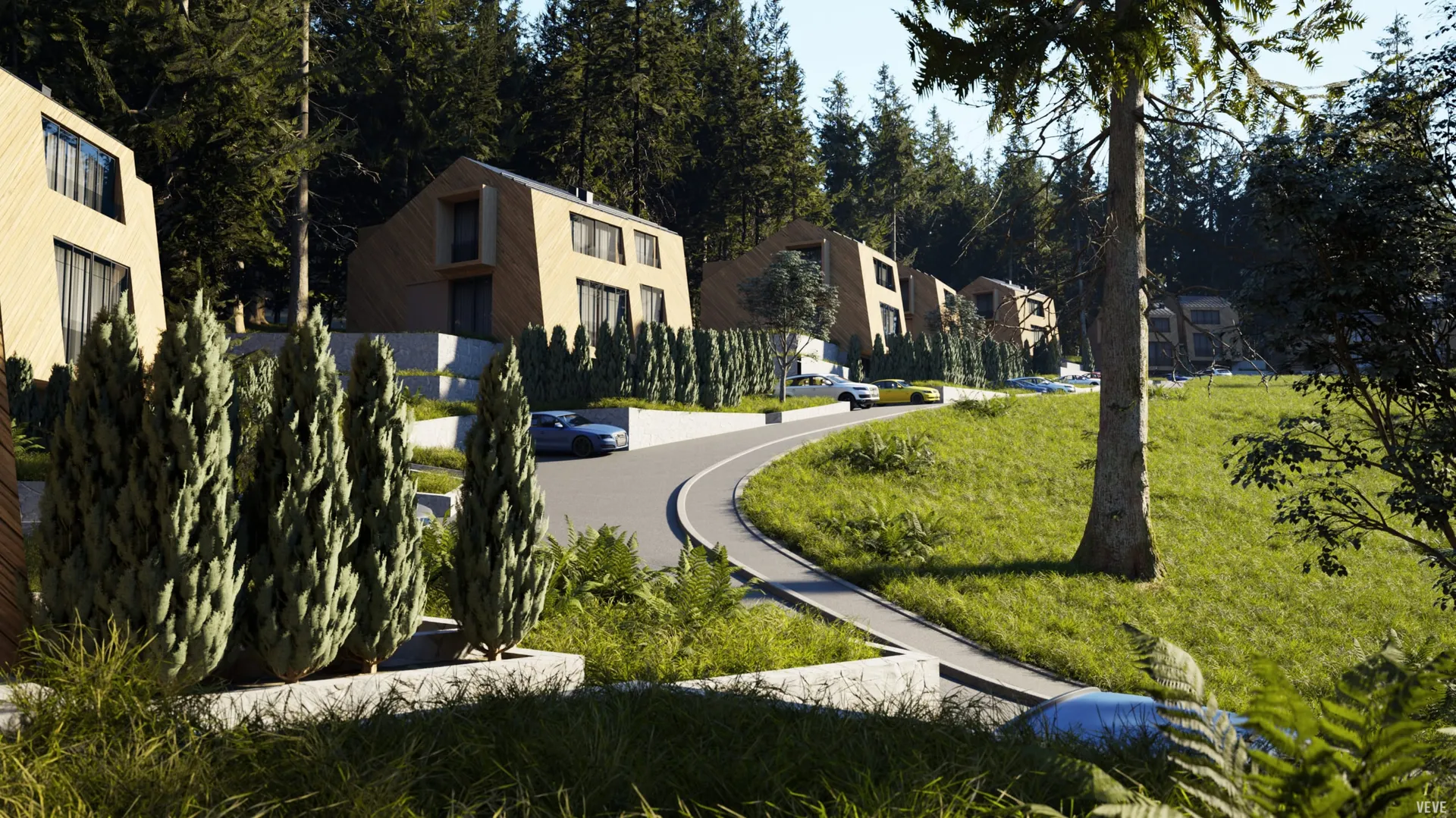 Exterior view of modern wooden houses in a forest with a winding road and cars.