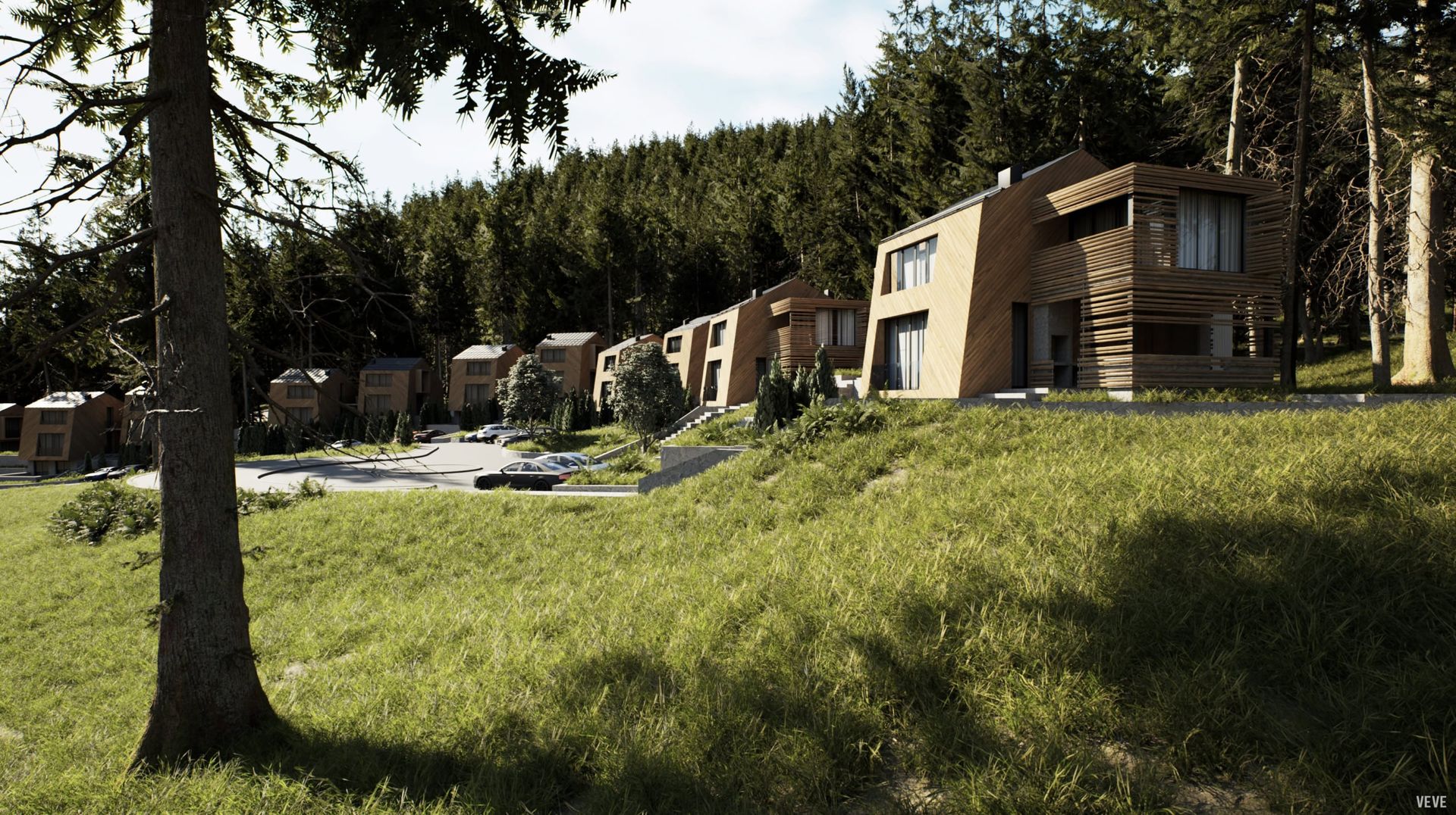 Modern wooden villas in the forest, residential complex in Kolašin, Montenegro: exterior view of cottages with panoramic windows.