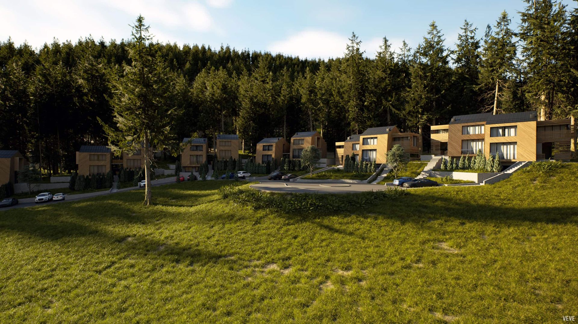 Modern residential complex of wooden houses in the forest, Kolasin, Montenegro, view of the grounds and cottages.