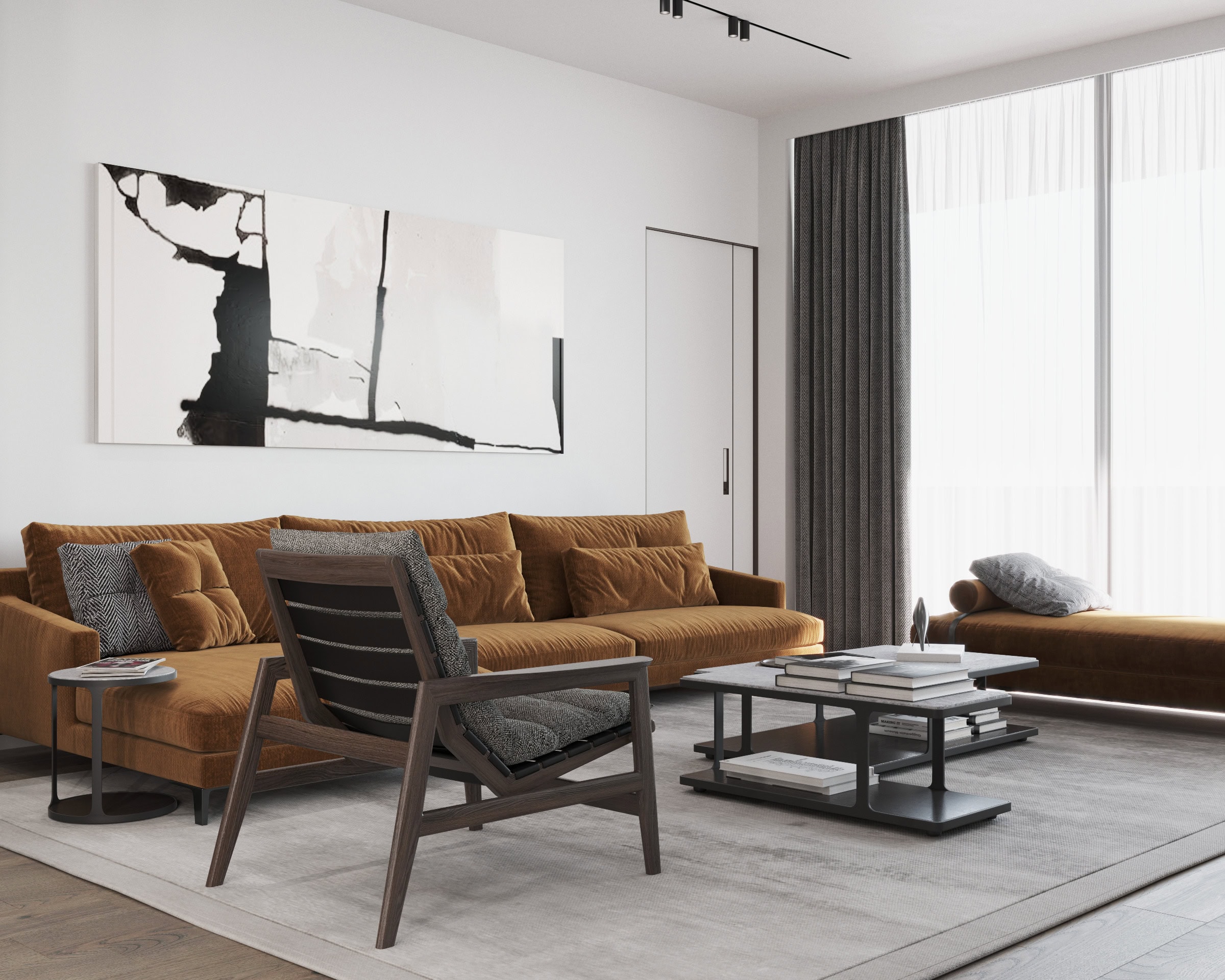 Modern living room in the Tivat residential complex, Montenegro: a terracotta sofa, designer armchair, and panoramic windows in the interior.