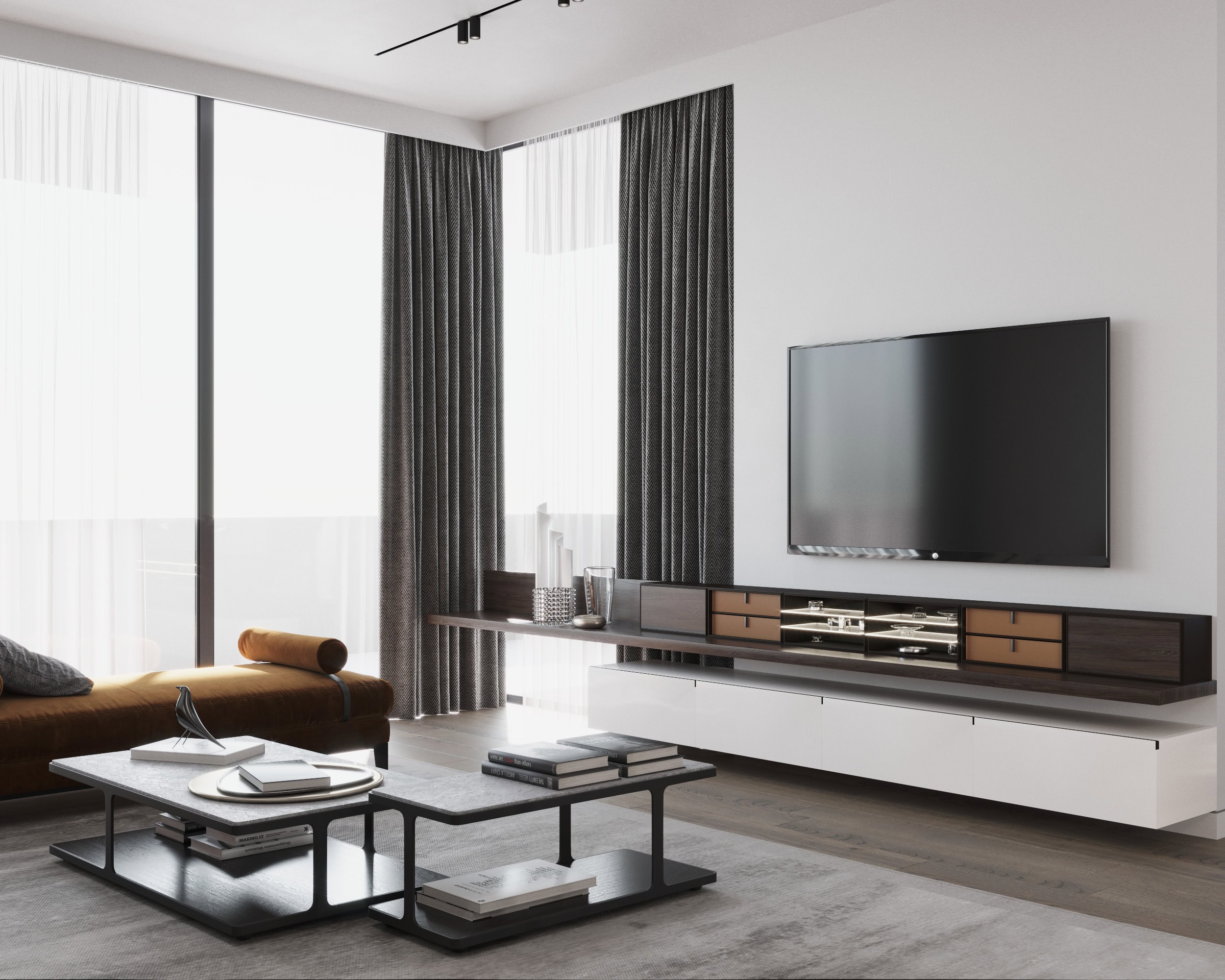 Modern living room in the Tivat residential complex, Montenegro: panoramic windows, designer furniture, TV area, and stylish interior.
