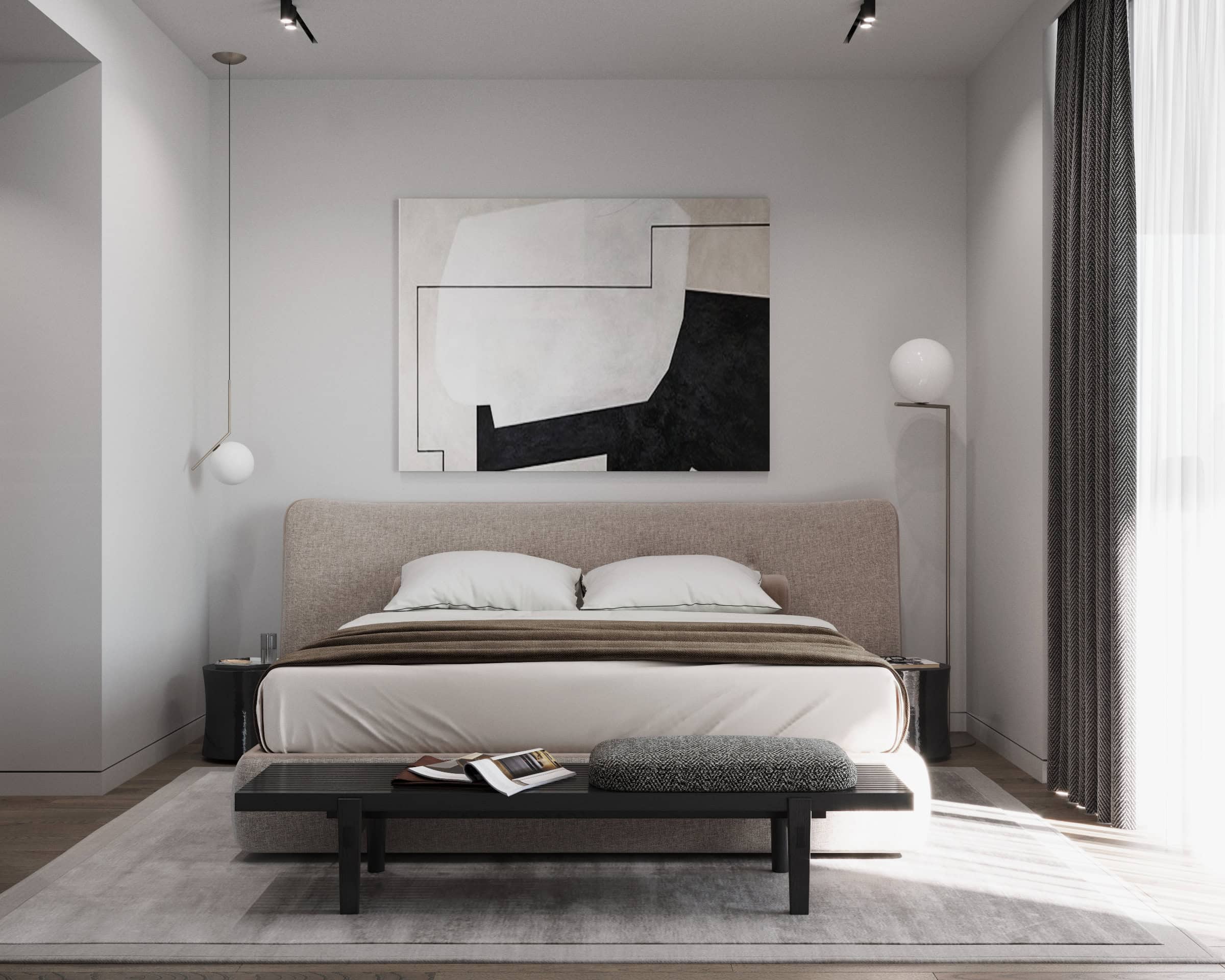 Modern bedroom in ЖК Тиват, Montenegro: double bed, designer painting, and stylish lighting.