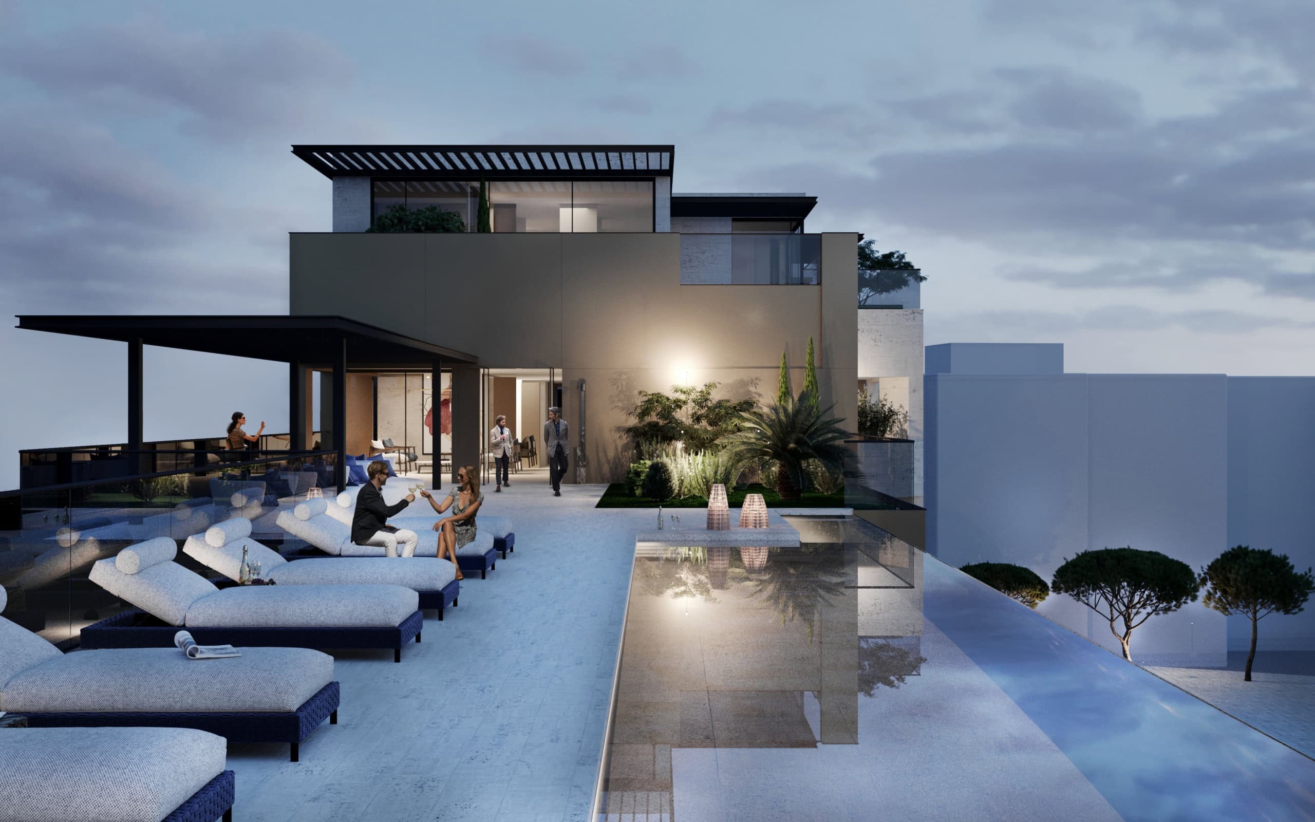 Terrace of a luxury residential complex in Tivat, Montenegro: infinity pool, sun loungers, modern architecture, and landscape design.