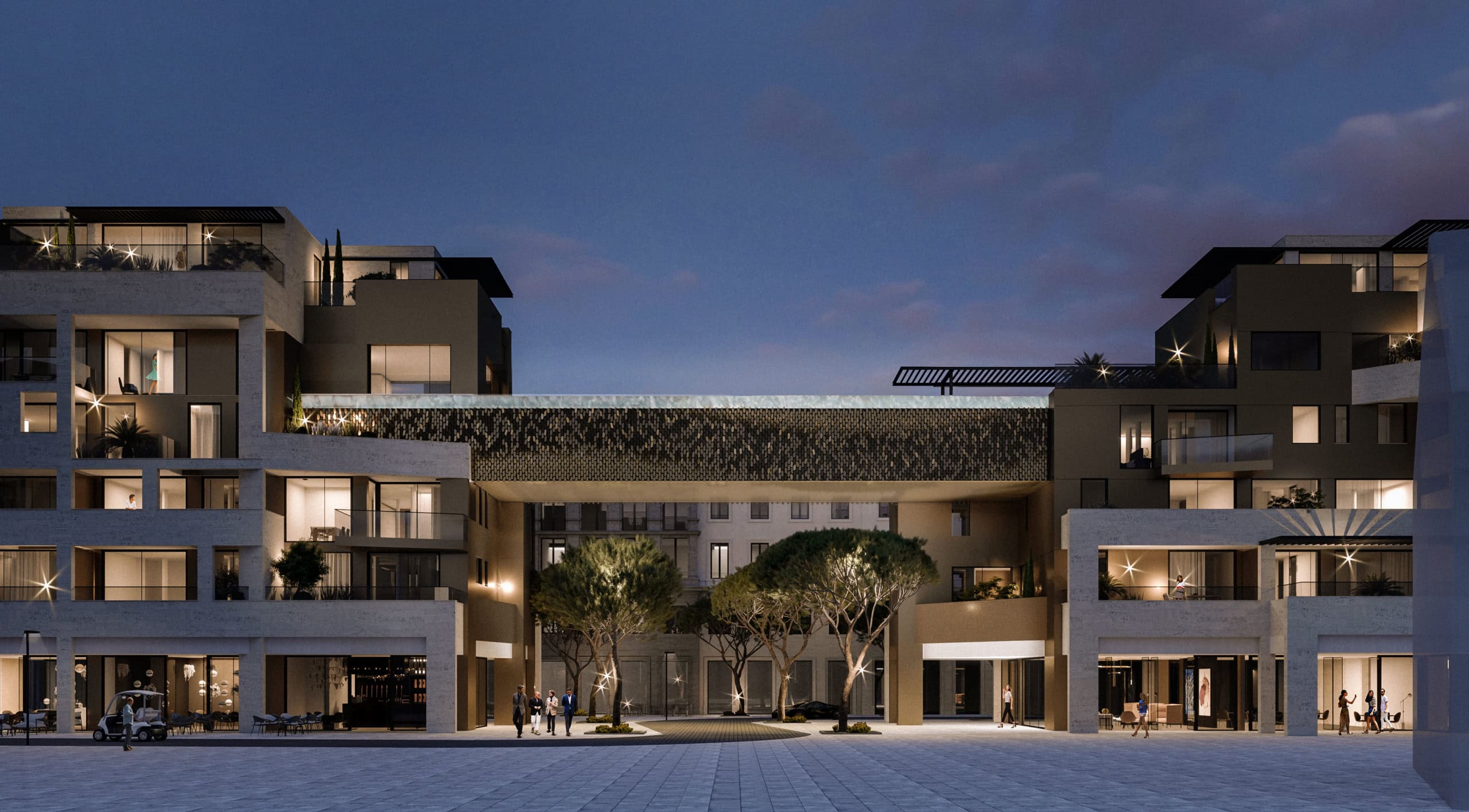 Modern residential complex in Tivat, Montenegro: night view of the facades with panoramic windows and a suspended pool.